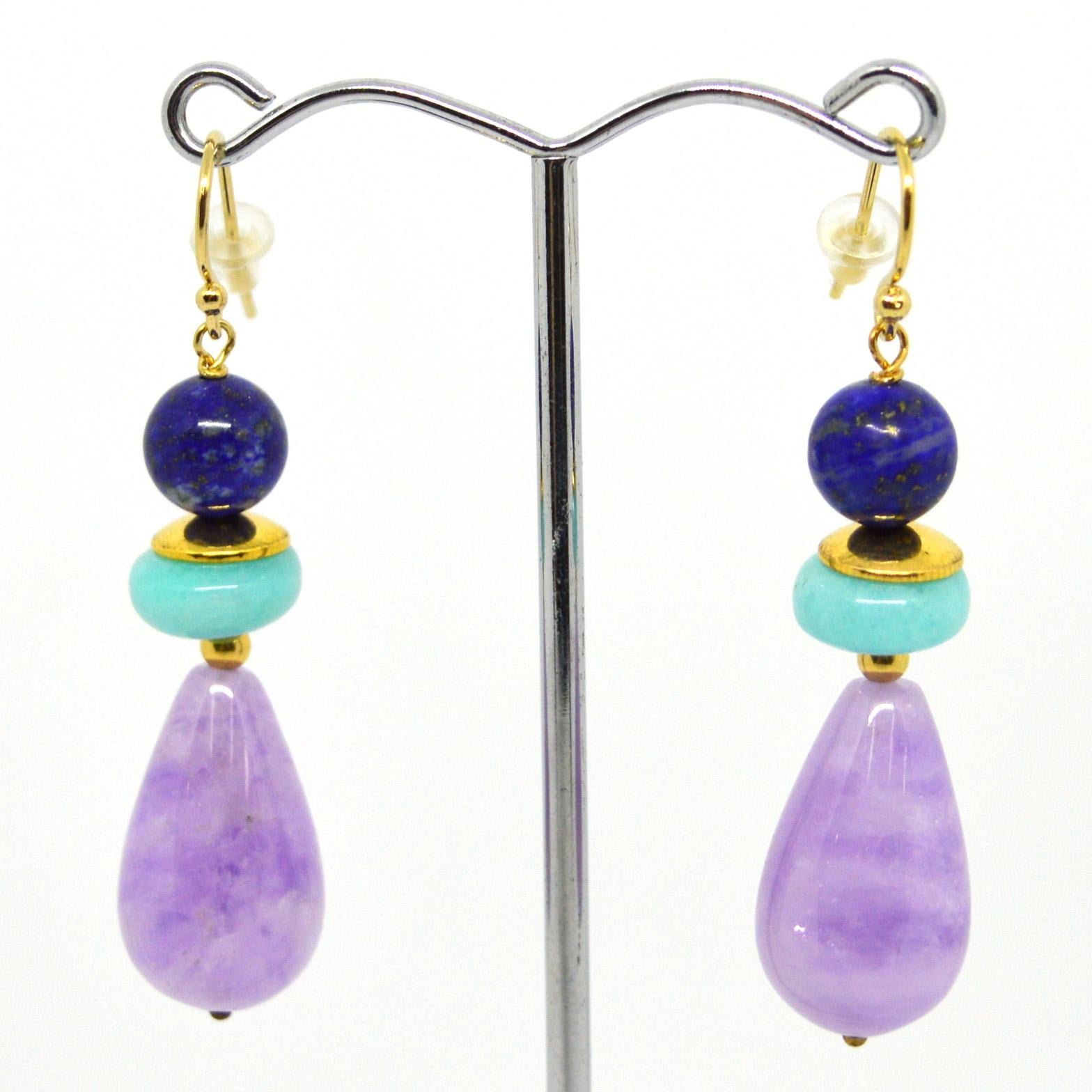 Decadent Jewels Amethyst Amazonite Lapis Lazuli Gold Earrings In New Condition In Sydney, AU