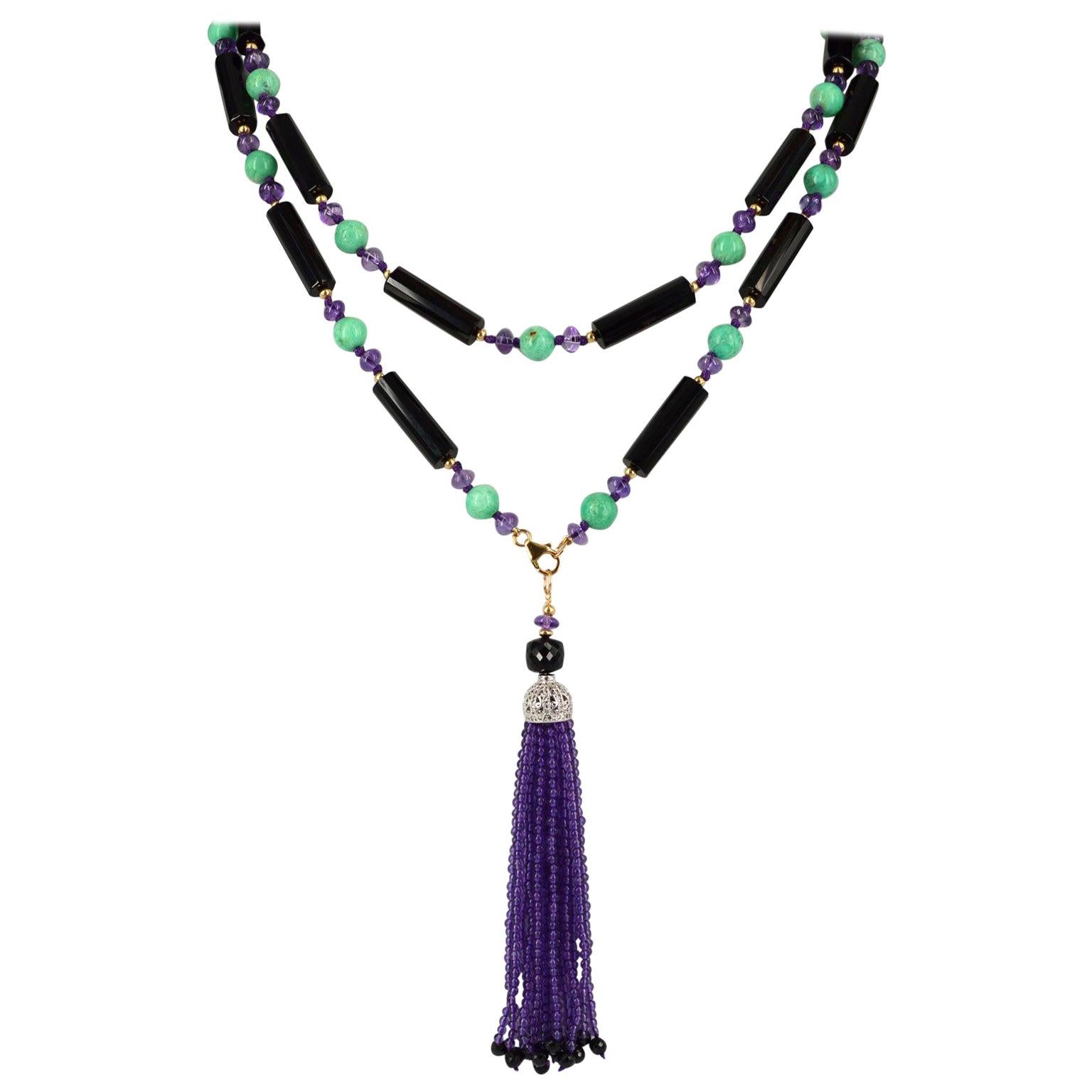 Decadent Jewels Amethyst Chrysophase Spinal Onyx Sautoir Tassel Gold filled For Sale