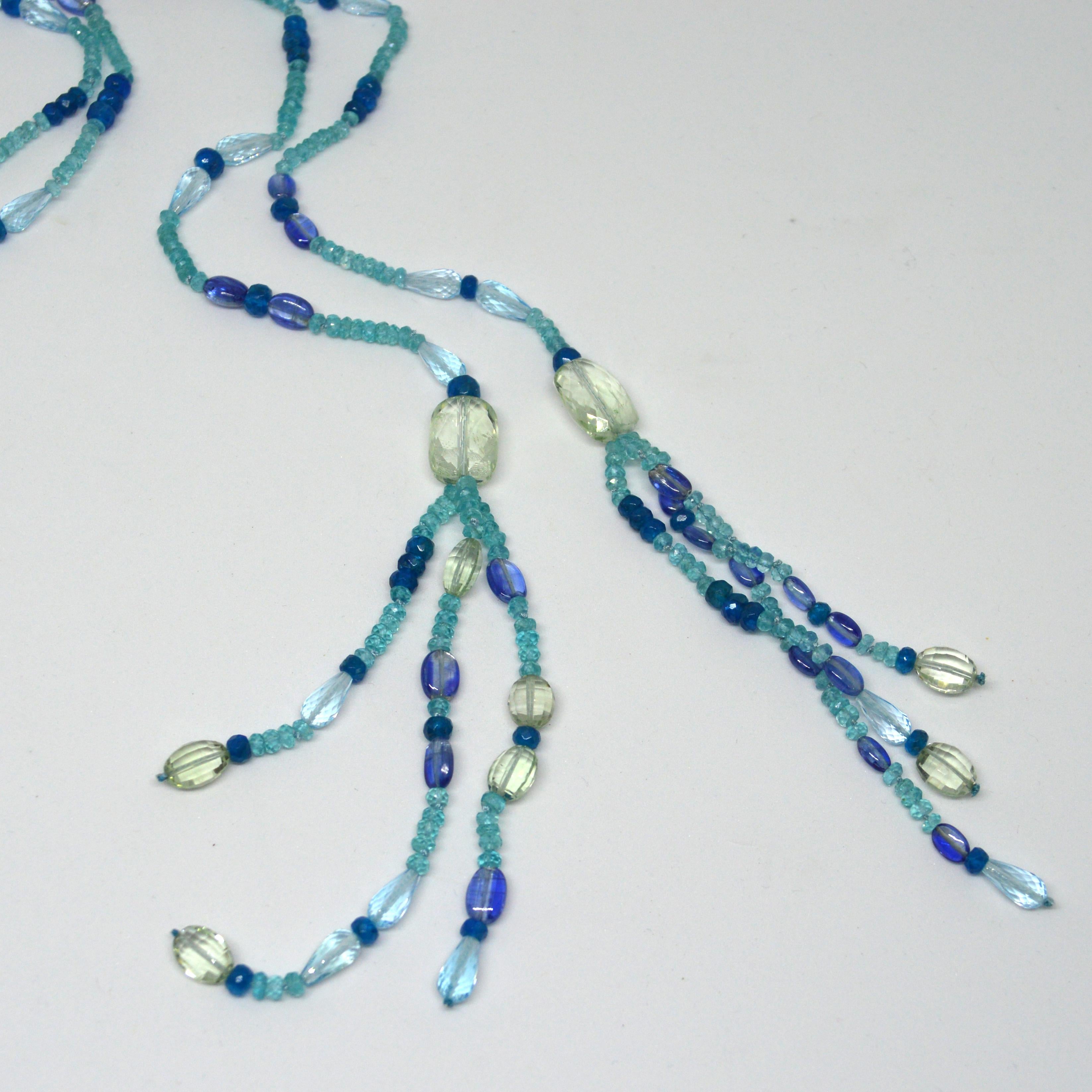Artisan Decadent Jewels Apatite Blue Topaz Kyanite Prasiolite Tassel Lariat Necklace For Sale