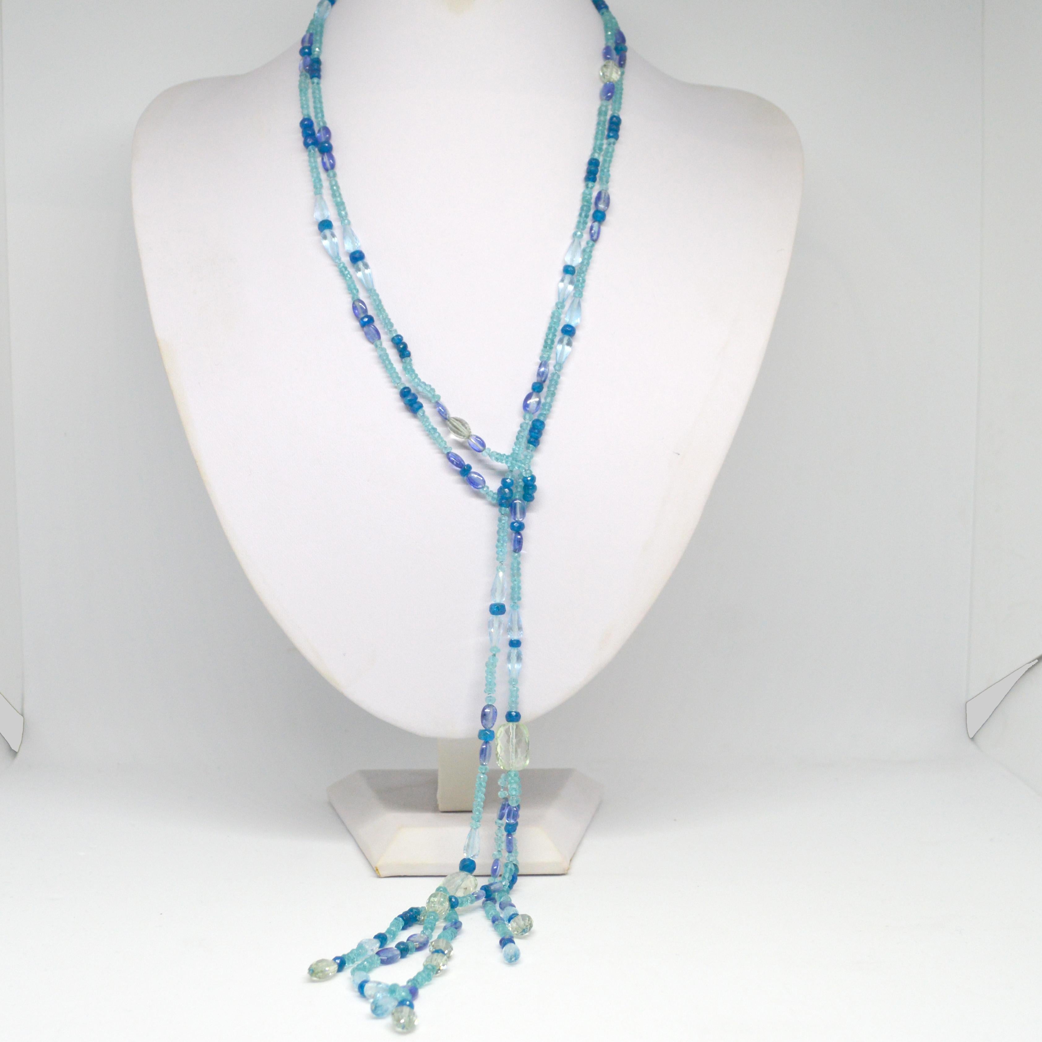 Decadent Jewels Apatite Blue Topaz Kyanite Prasiolite Tassel Lariat Necklace In New Condition For Sale In Sydney, AU