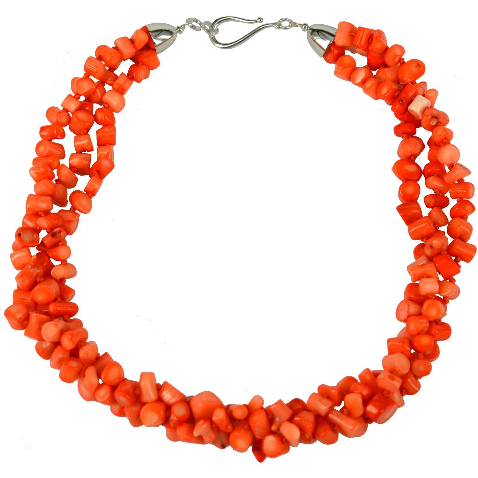Decadent Jewels 3 strands of Apricot Sea Bamboo Coral side drilled tube beads approx 8x6mm finished with a Sterling Silver Dome cap and a 40mm Sterling Silver hook Clasp, hand knotted for strength and durability.

Finished Necklace measures 53cm