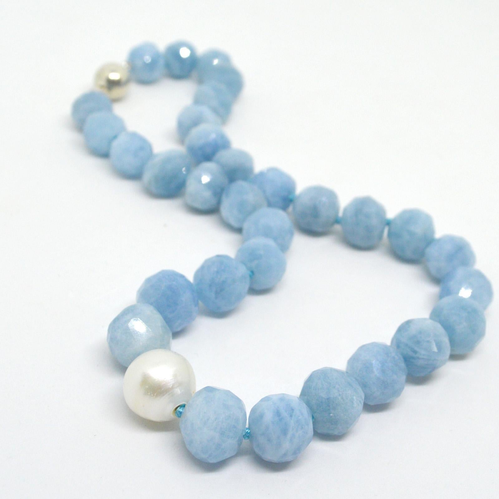 Artisan Decadent Jewels Aquamarine Australian South Sea Pearl Silver Necklace For Sale