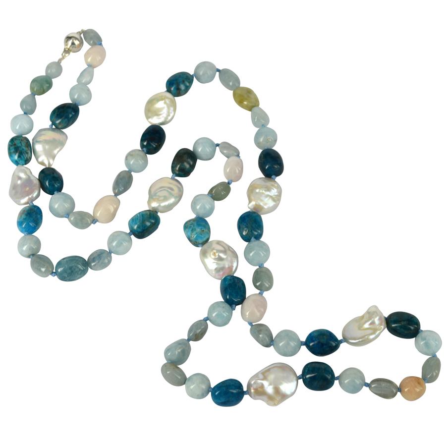 Women's Decadent Jewels Aquamarine Beryl Apatite Pearl Long Silver Necklace