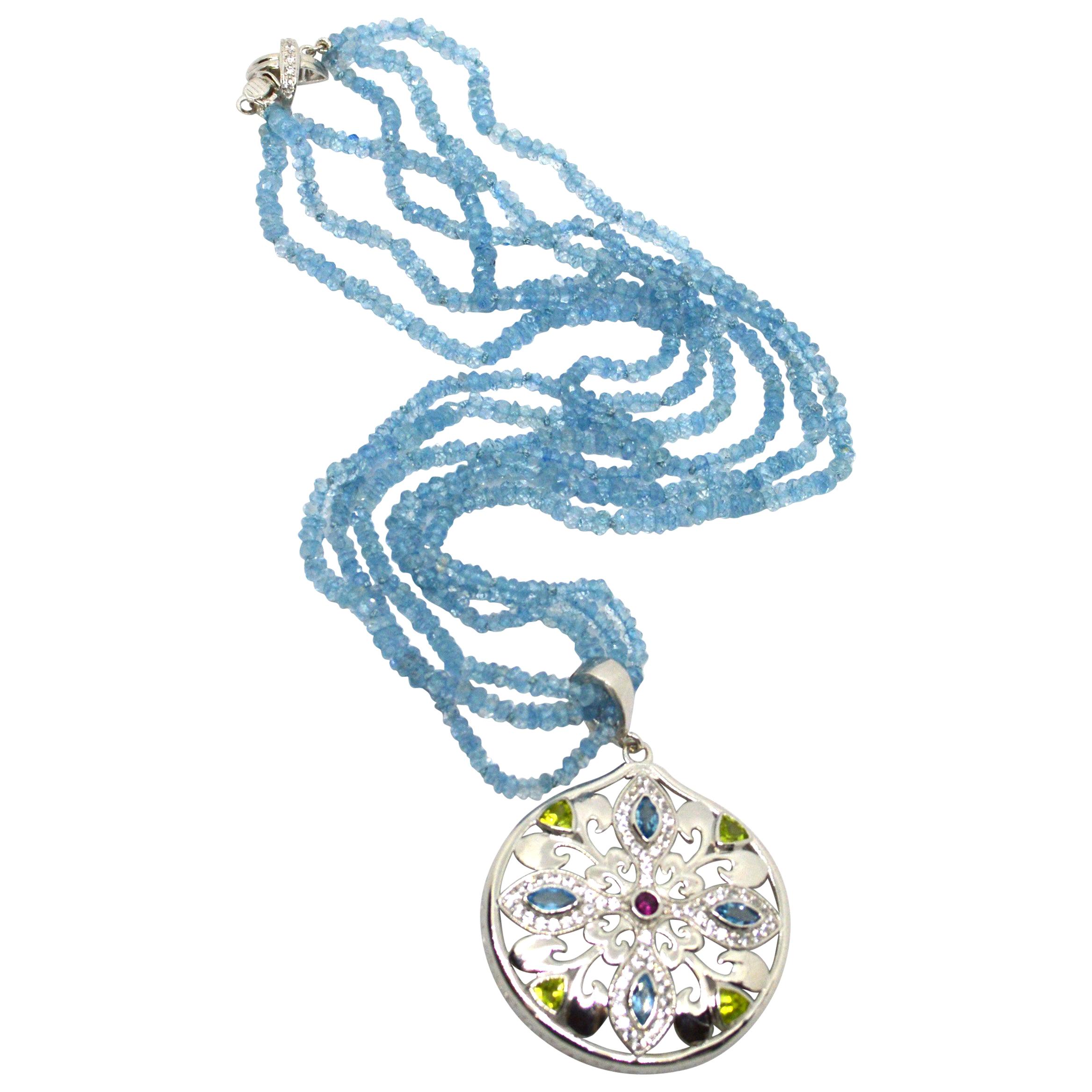 Decadent Jewels Aquamarine Blue Topaz Peridot Garnet Sterling Silver Necklace For Sale