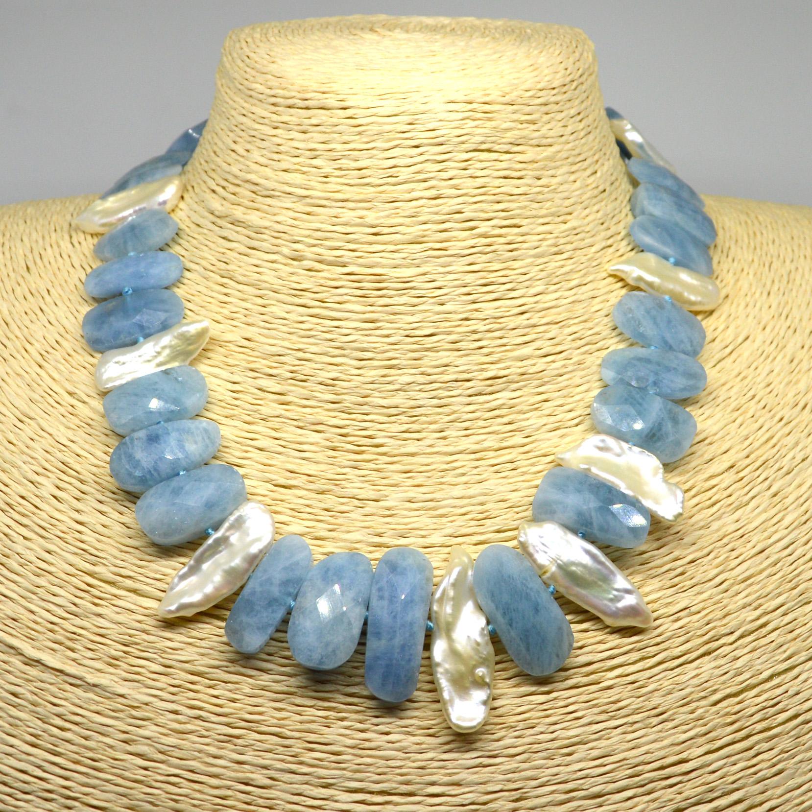 Decadent Jewels Aquamarine Fresh Water Keshi Pearl Silver Necklace In New Condition For Sale In Sydney, AU