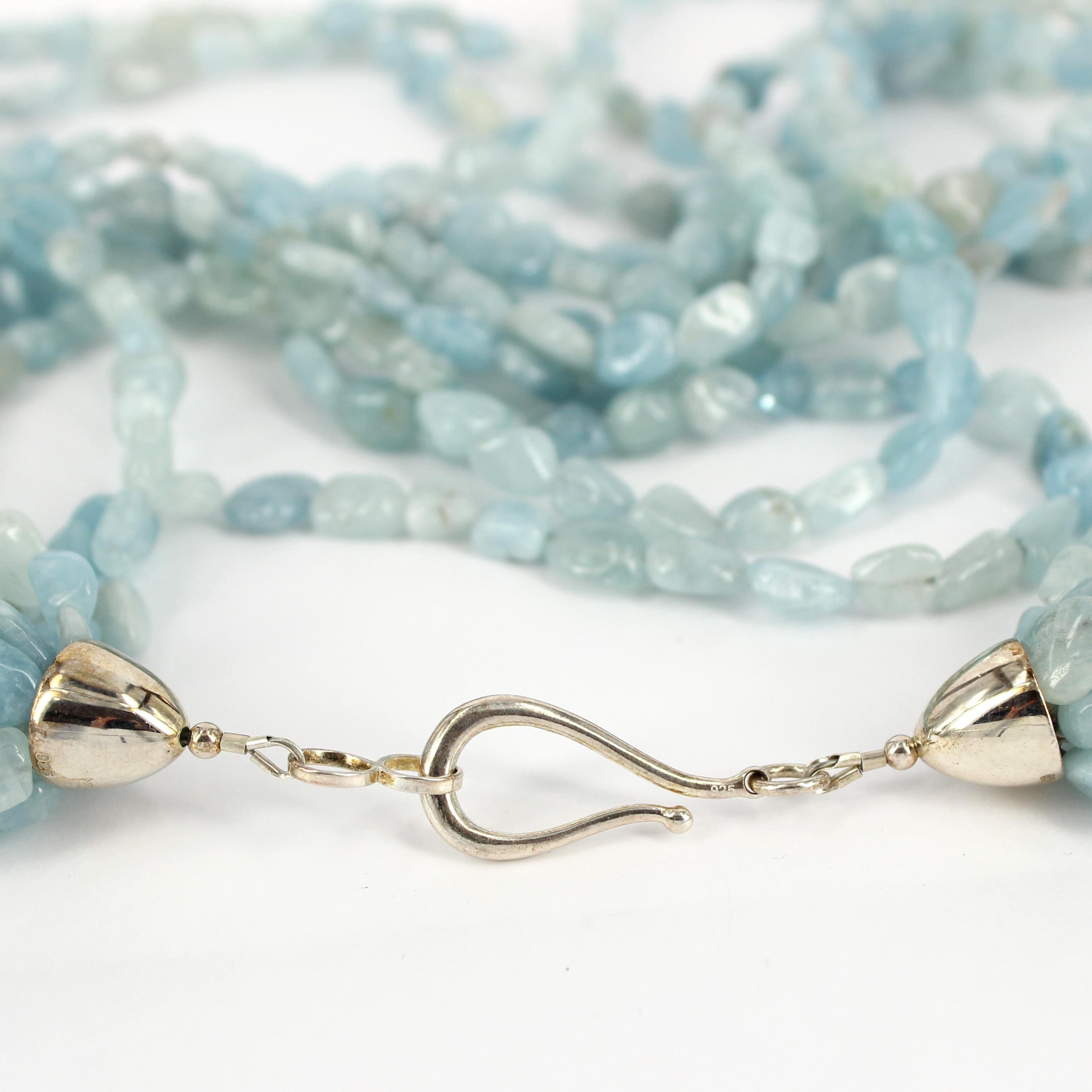 Decadent Jewels Aquamarine Multi Strand Sterling Silver Torsade Necklace In New Condition In Sydney, AU