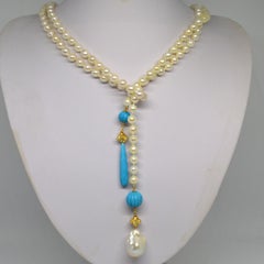 Decadent Jewels Baroque Akoya Pearl Turquoise Gold Lariat Neckace