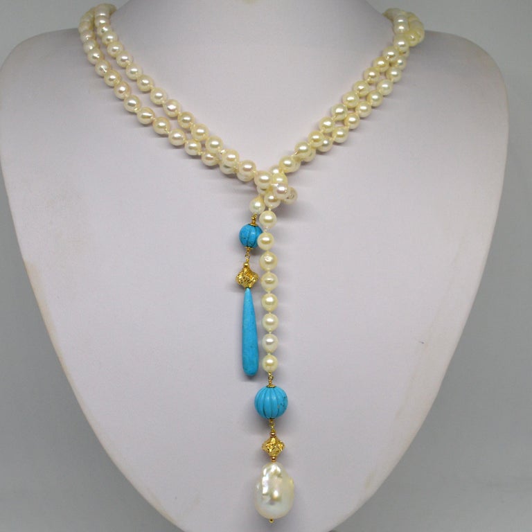Decadent Jewels Baroque Akoya Pearl Turquoise Gold Lariat Neckace at ...