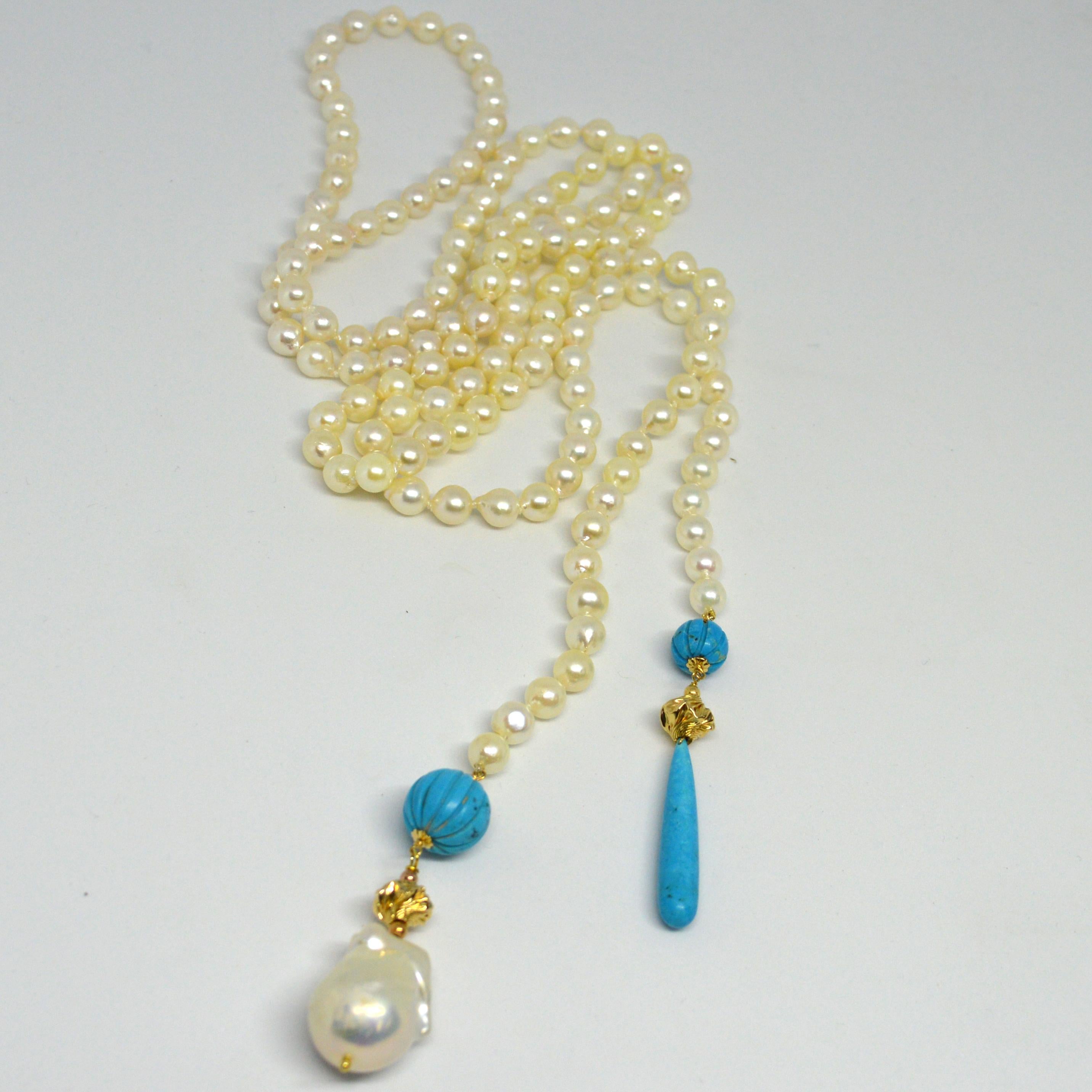 Artisan Decadent Jewels Baroque Akoya Pearl Turquoise Gold Lariat Neckace