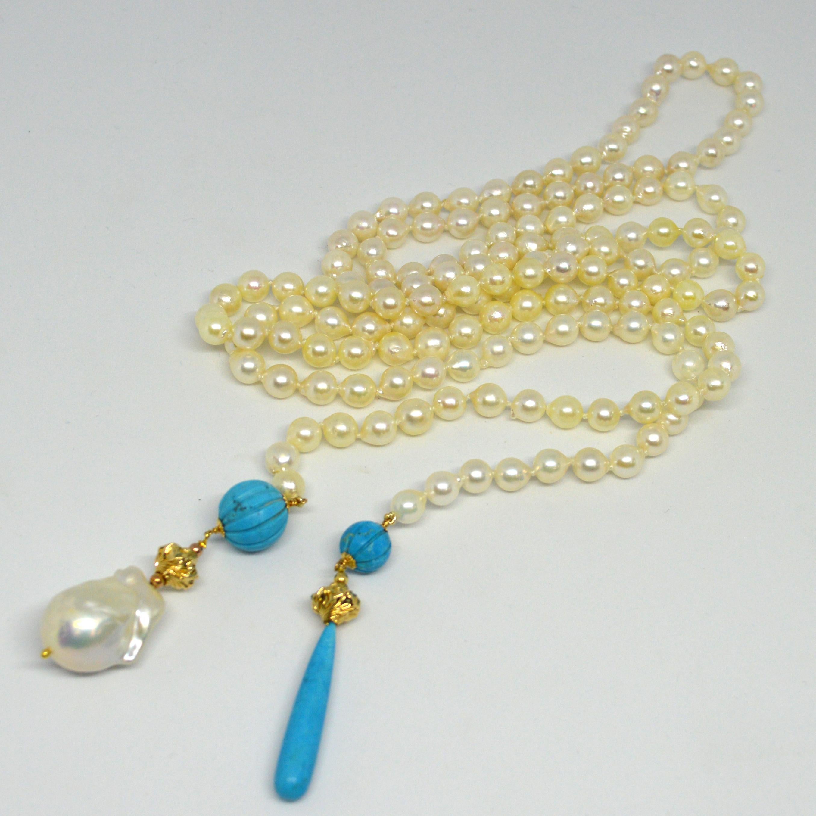 Decadent Jewels Baroque Akoya Pearl Turquoise Gold Lariat Neckace In New Condition In Sydney, AU