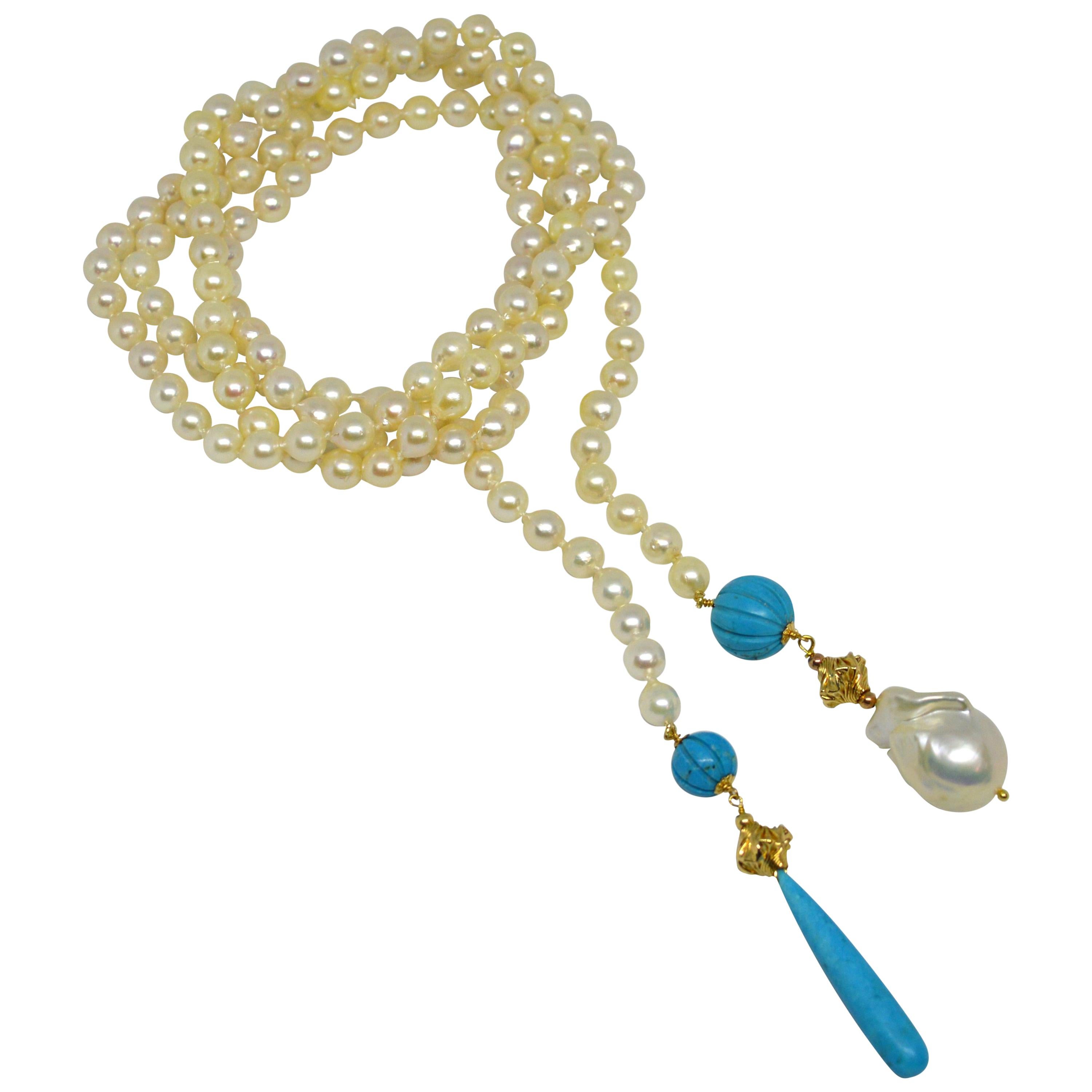 Decadent Jewels Baroque Akoya Pearl Turquoise Gold Lariat Neckace