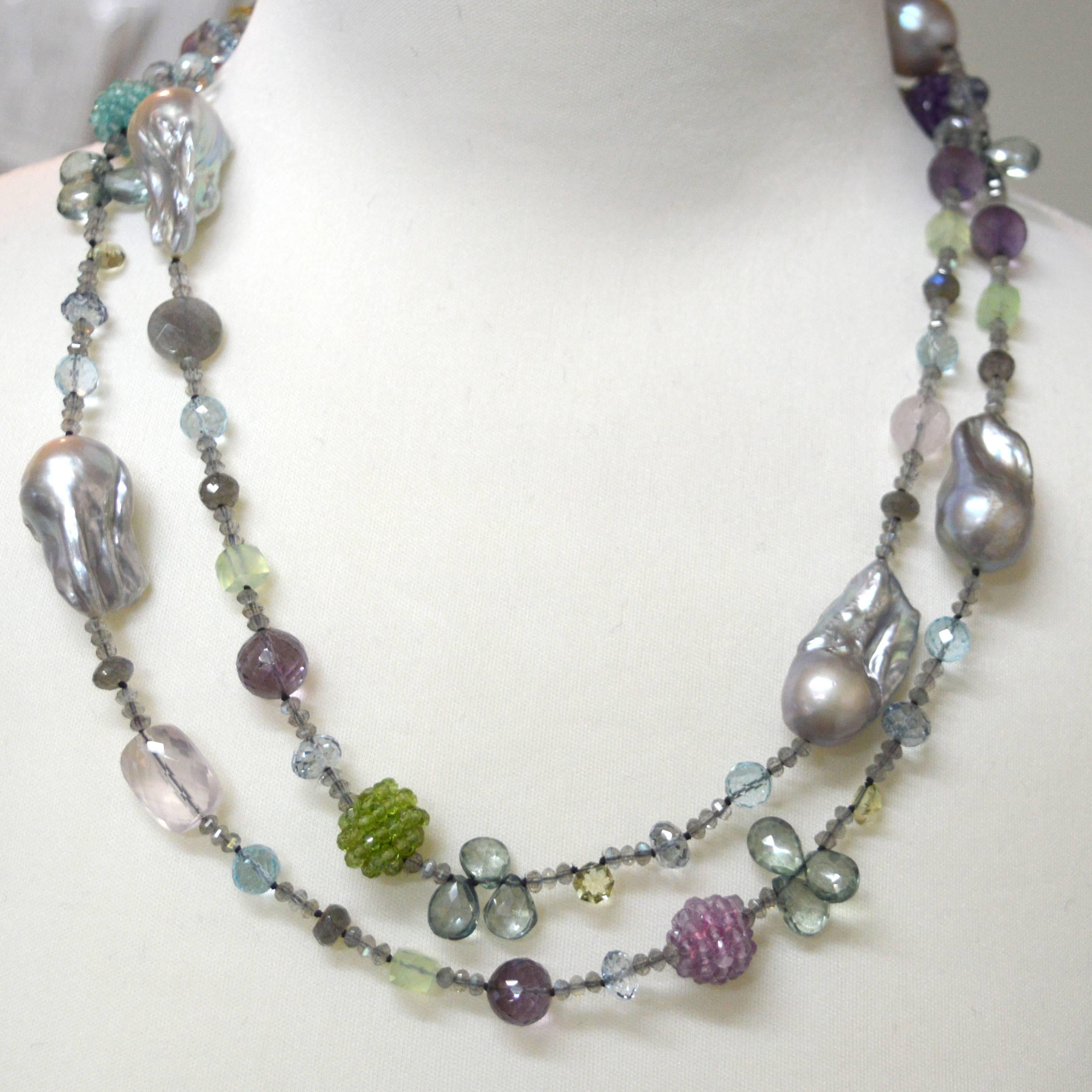 Statement one of a kind necklace with large soft grey Baroque Fresh Water Pearls 31x17mm, Hand woven Gemstone beads in amethyst, Peridot, Apatite and Rose quartz, Top drilled Teardrop Bead are Mystic Topaz,   7.5mm Blue Topaz, 10mm Amethyst and 6mm