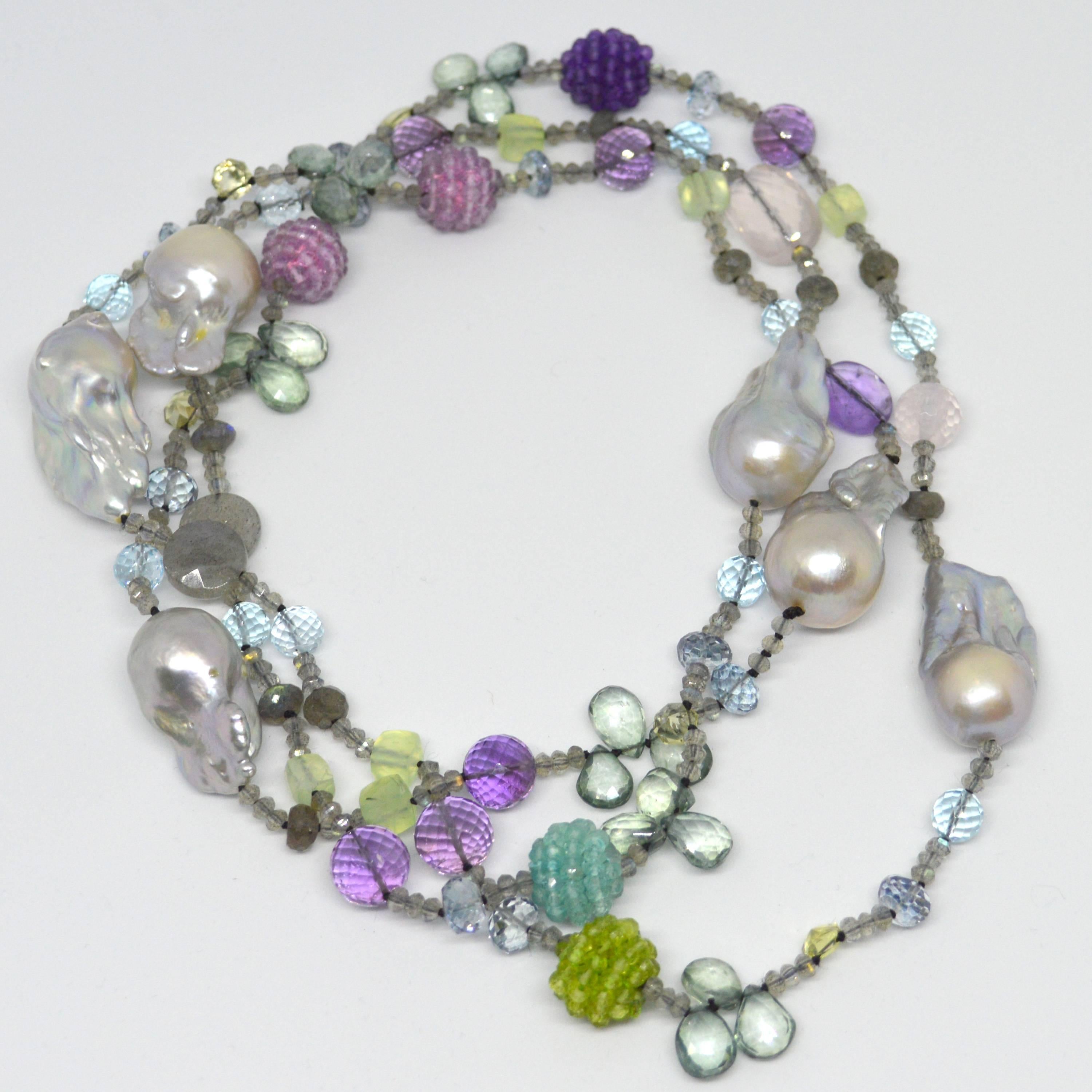 Modern Decadent Jewels Baroque Pearl Amethyst Labradorite Blue Topaz Necklace