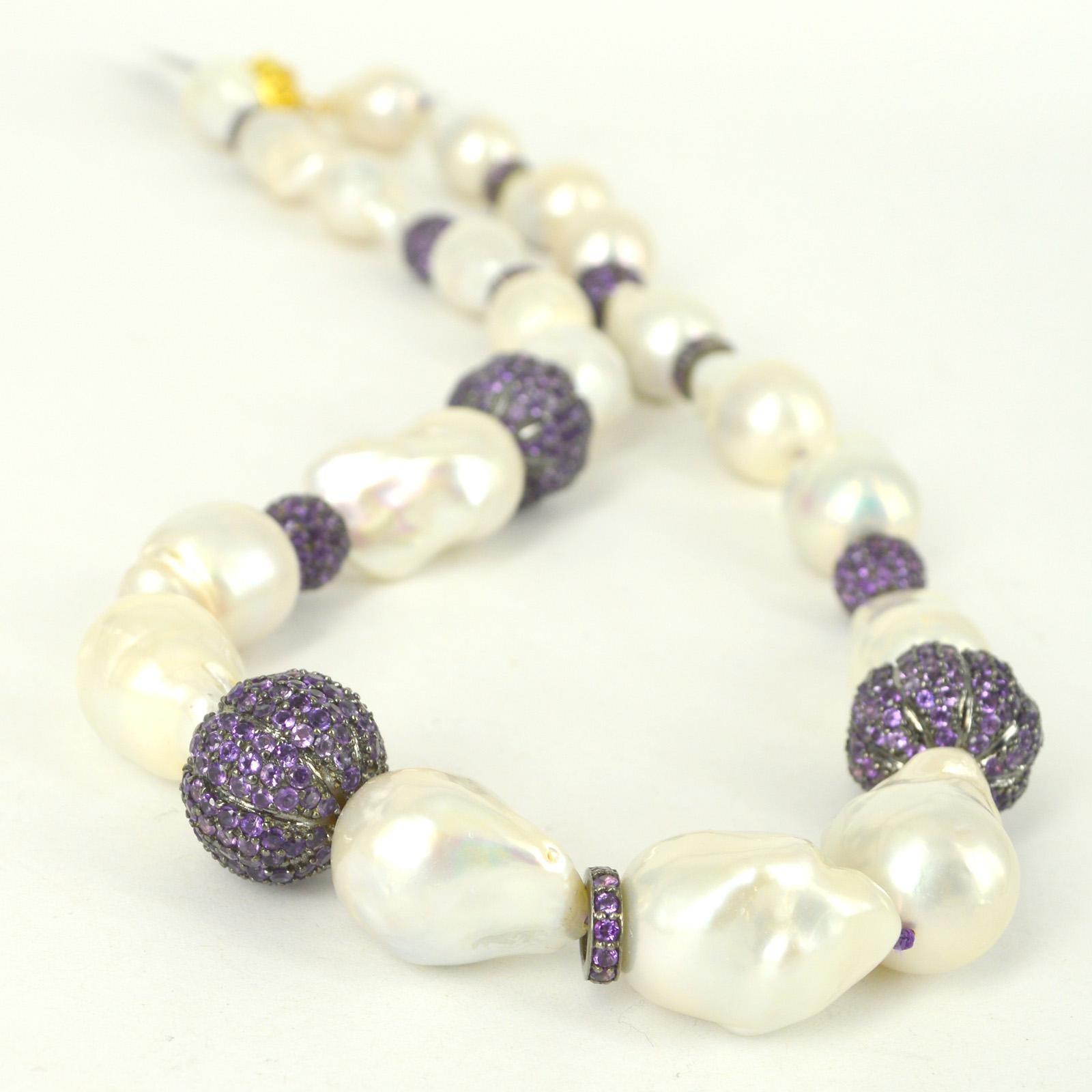 Contemporary Decadent Jewels Baroque Pearl Pave Amethyst Silver Necklace