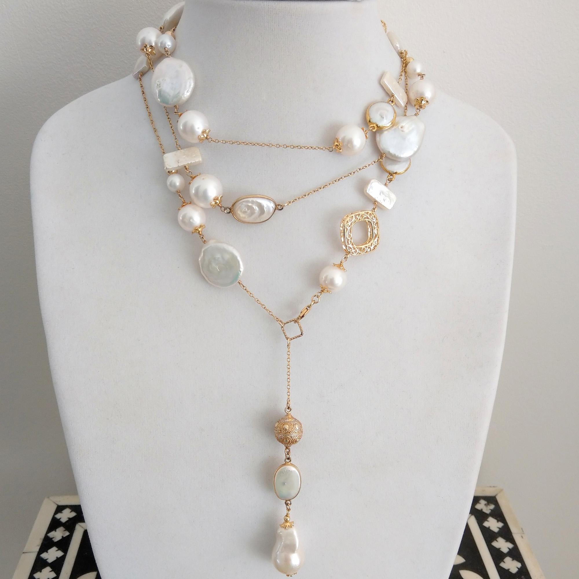 Decadent Jewels Baroque Pearl Gold Chain Lariat Multi Style Tassel Necklace In New Condition In Sydney, AU