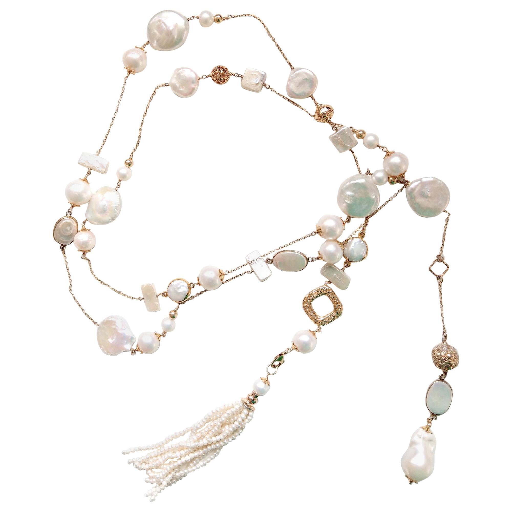Decadent Jewels Baroque Pearl Gold Chain Lariat Multi Style Tassel Necklace