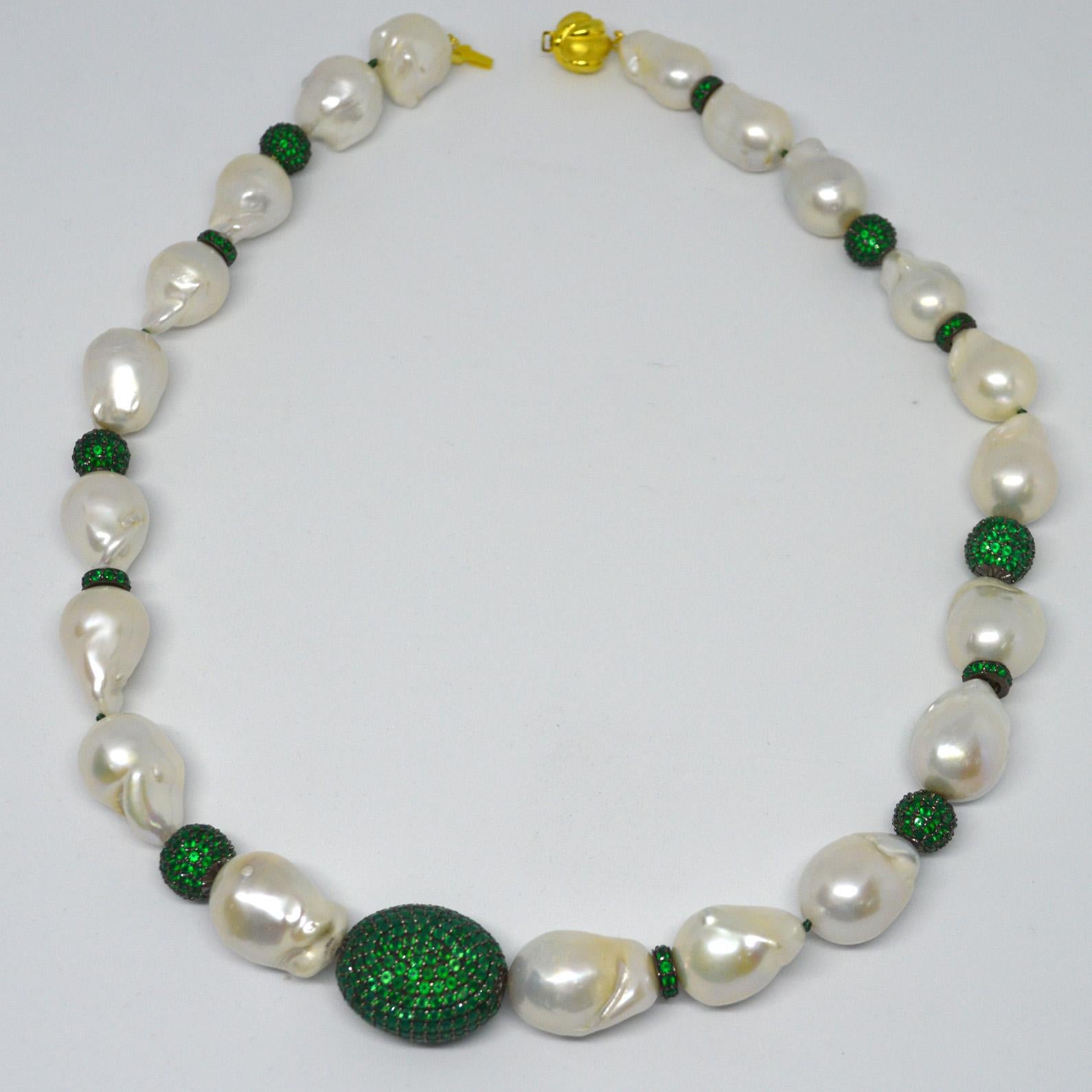 Contemporary Decadent Jewels Baroque Pearl Green Onyx Silver Necklace