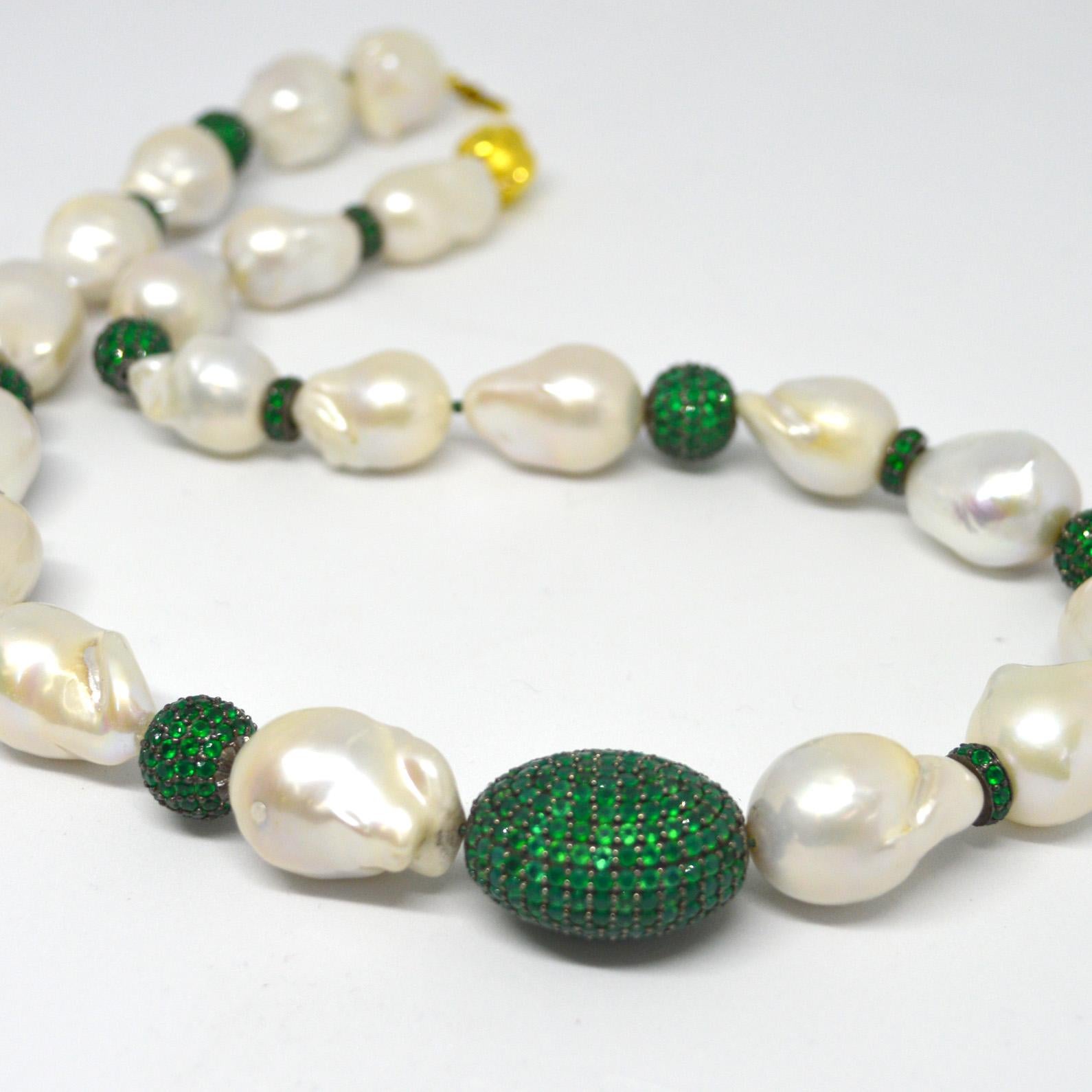 Decadent Jewels Baroque Pearl Green Onyx Silver Necklace In New Condition In Sydney, AU