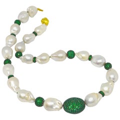 Decadent Jewels Baroque Pearl Green Onyx Silver Necklace
