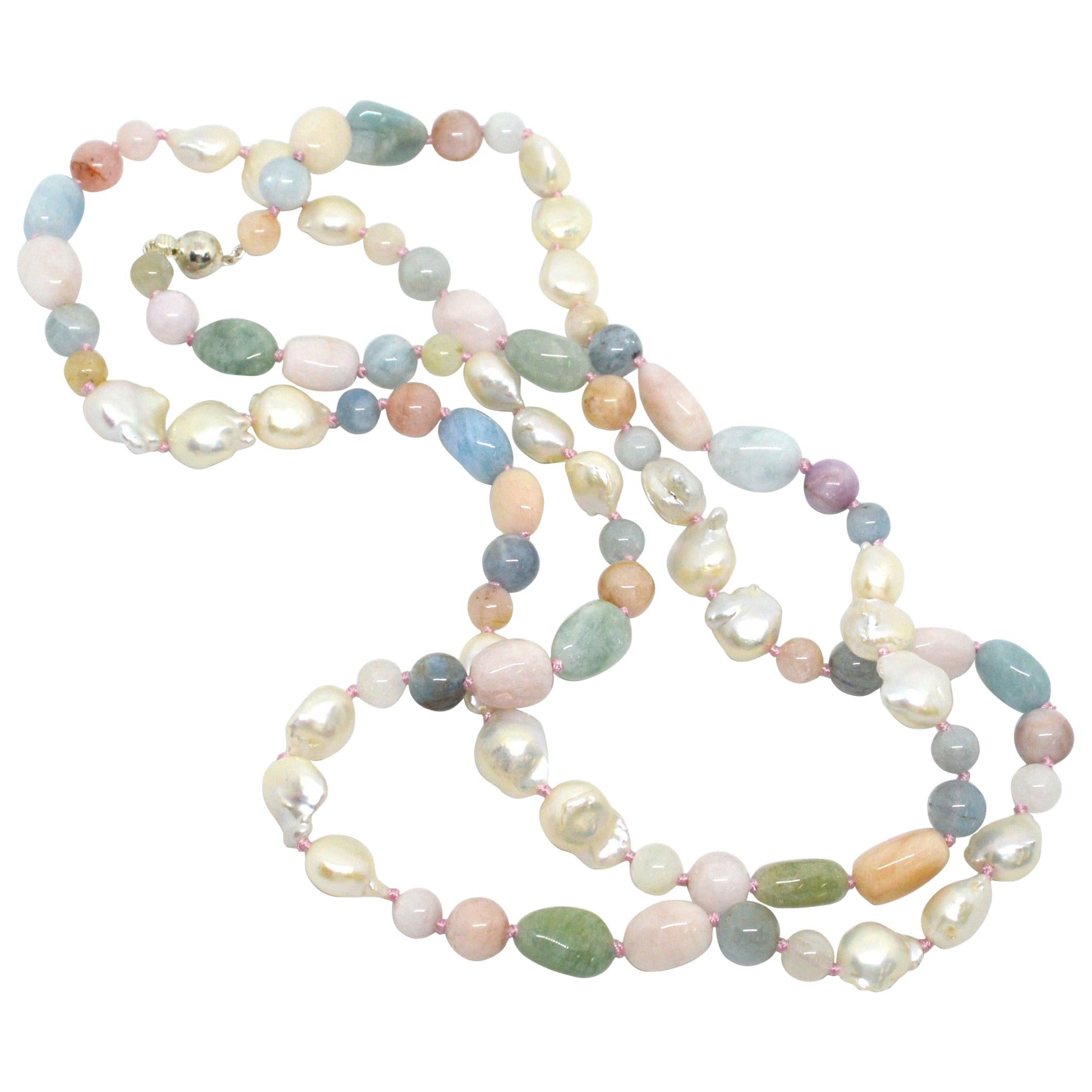 Decadent Jewels Beryl Aquamarine Morganite Pearl Silver Long Necklace