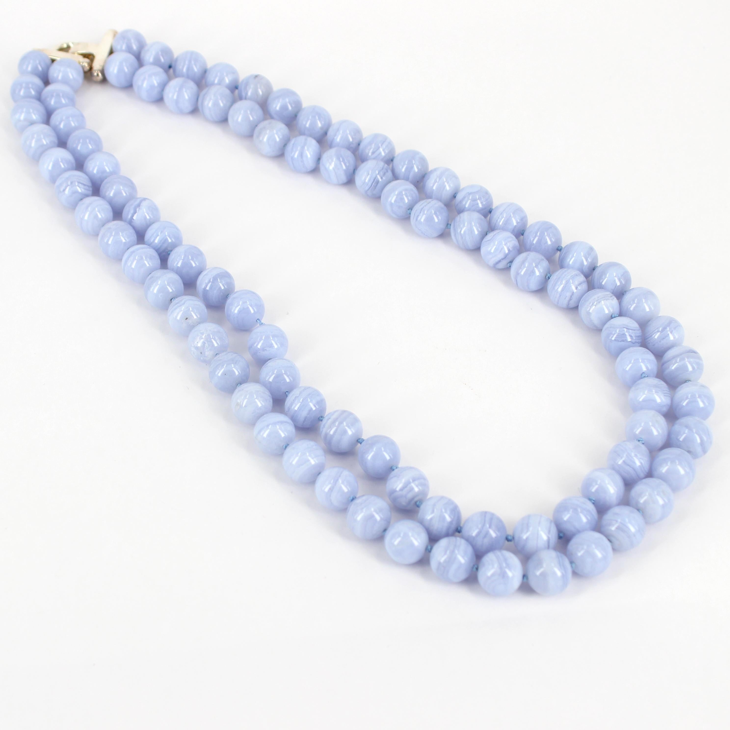 Round Cut Decadent Jewels Blue Lace Agate Double Strand Sterling Silver Necklace