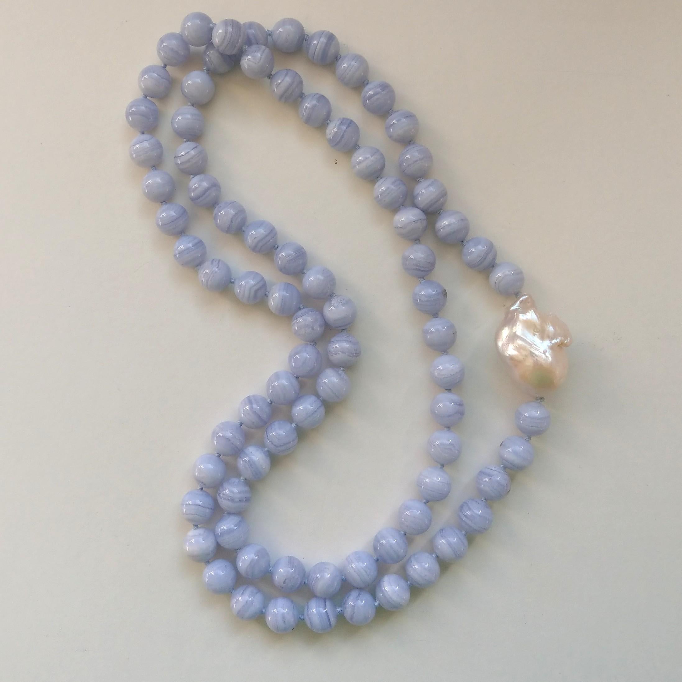 Modern Decadent Jewels Blue Lace Agate with a large Baroque Pearl matinee Necklace