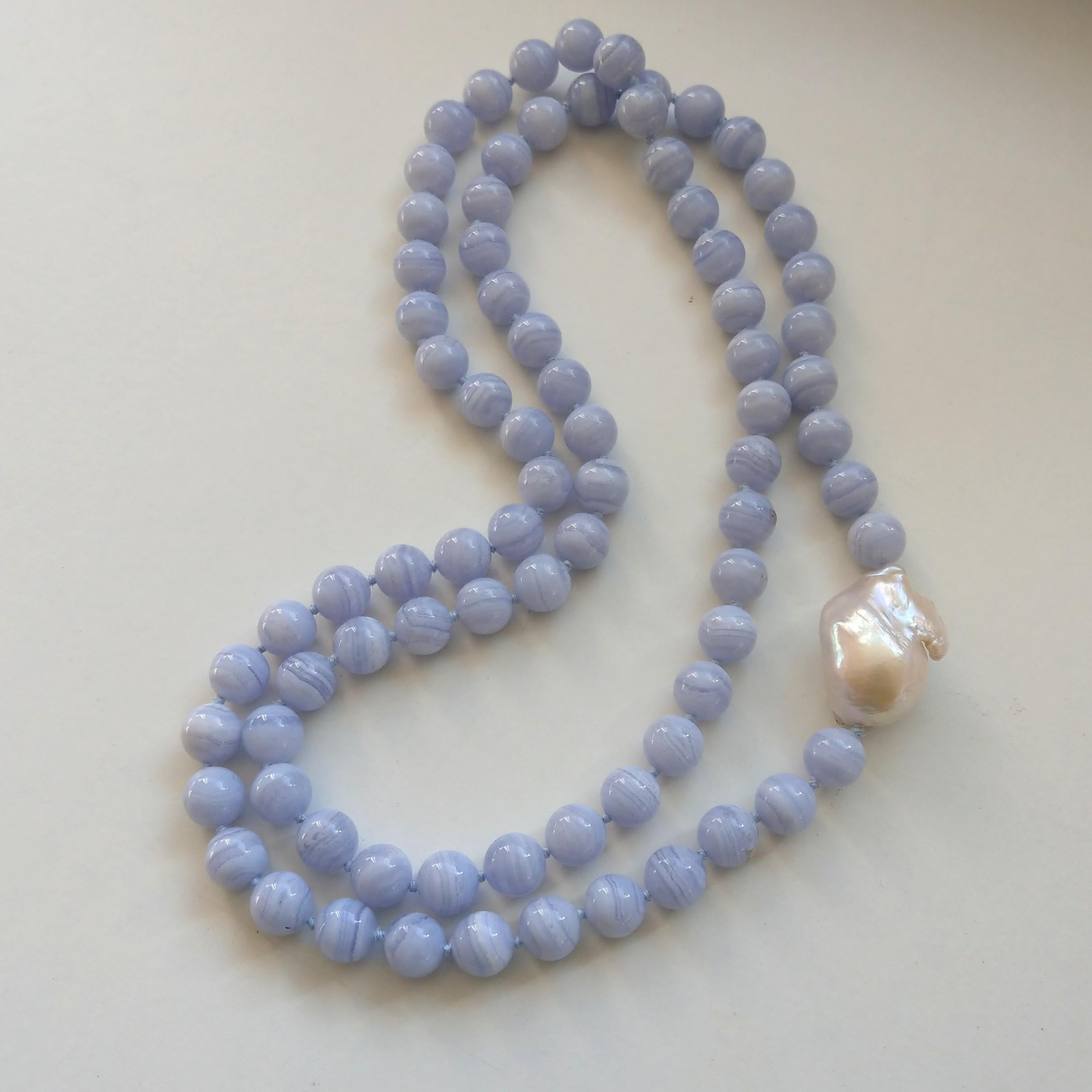 Bead Decadent Jewels Blue Lace Agate with a large Baroque Pearl matinee Necklace