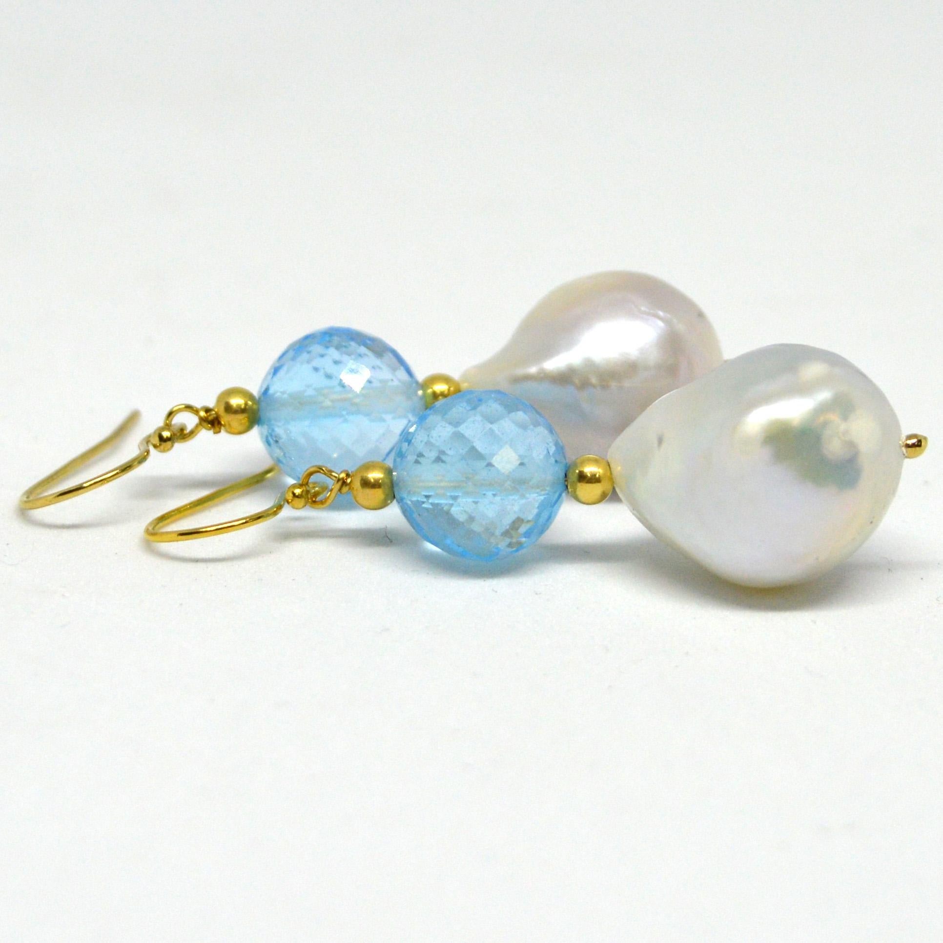 Modern Decadent Jewels Blue Topaz Baroque Pearl Gold Earrings For Sale