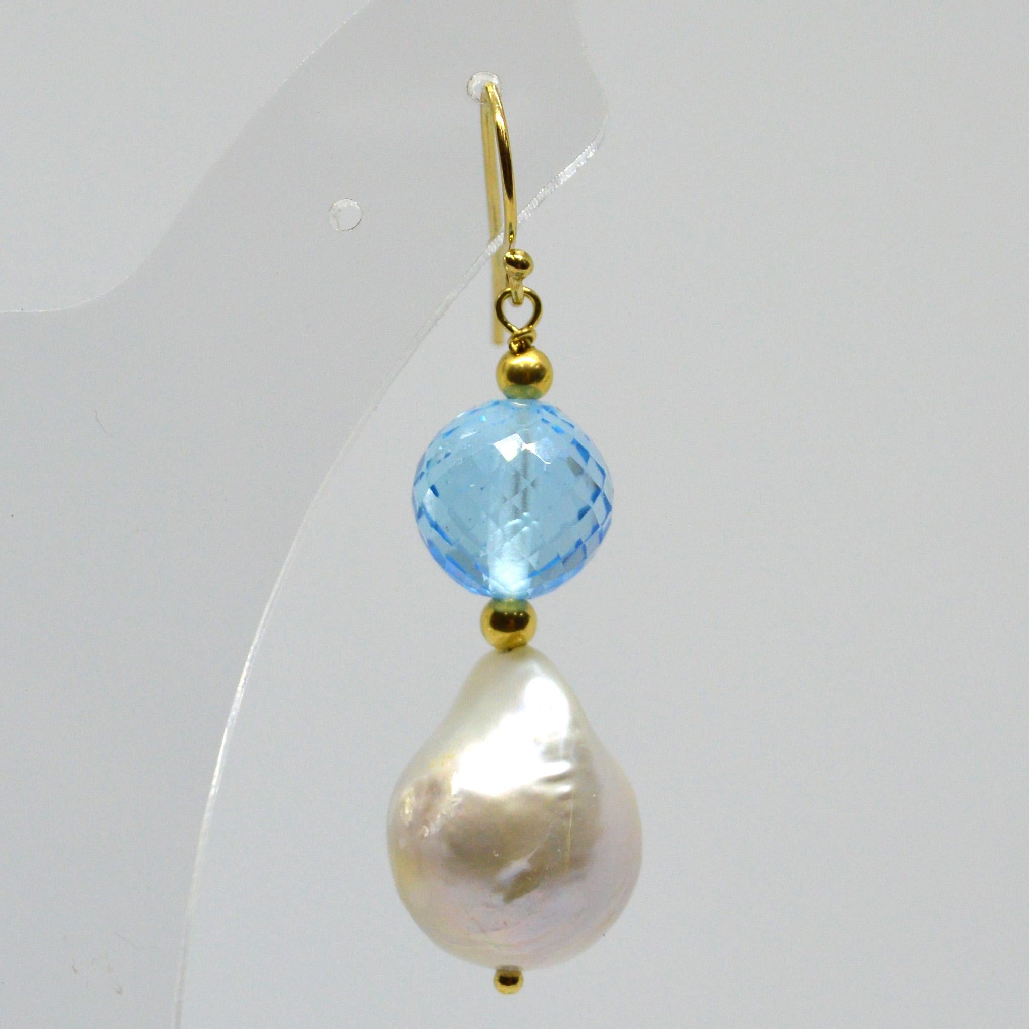 Decadent Jewels Blue Topaz Baroque Pearl Gold Earrings In New Condition For Sale In Sydney, AU