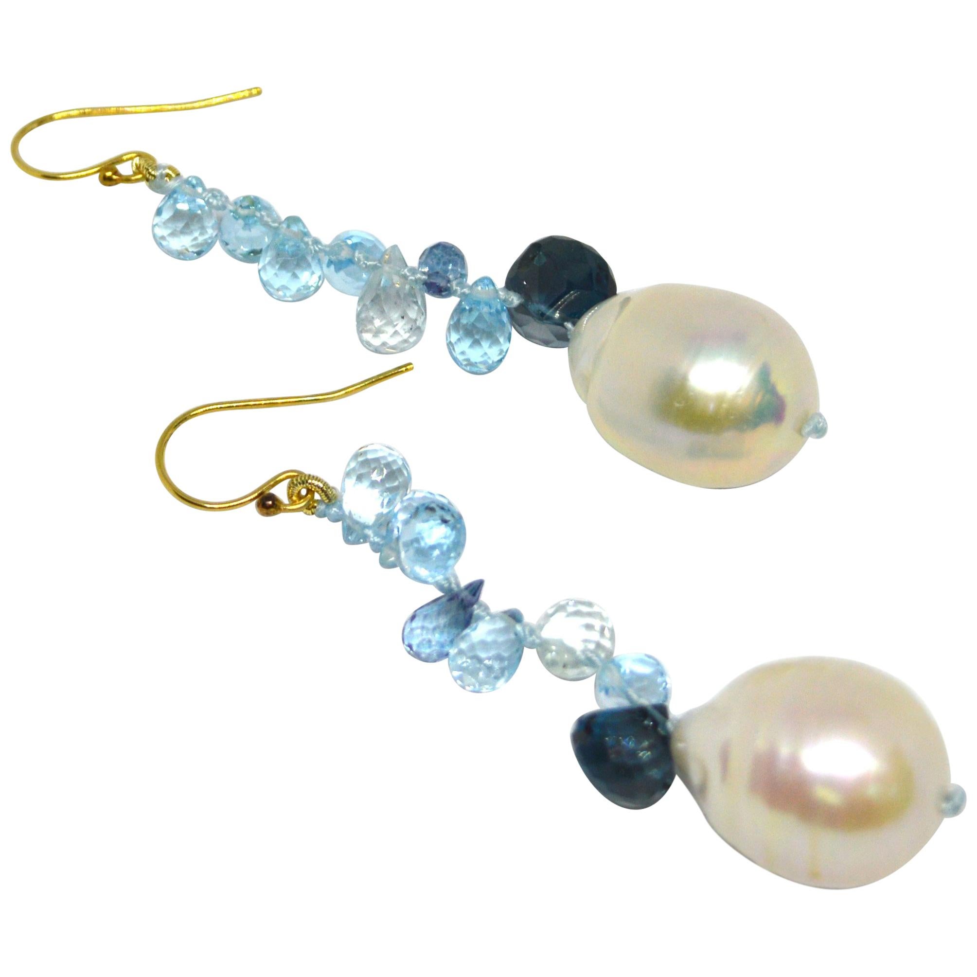 Decadent Jewels Blue Topaz London Blue Topaz Pearl Gold Earrings