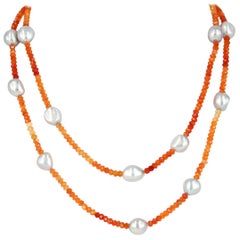 Decadent Jewels Carnelian Faceted Fresh Water Lite Grey Pearl Necklace