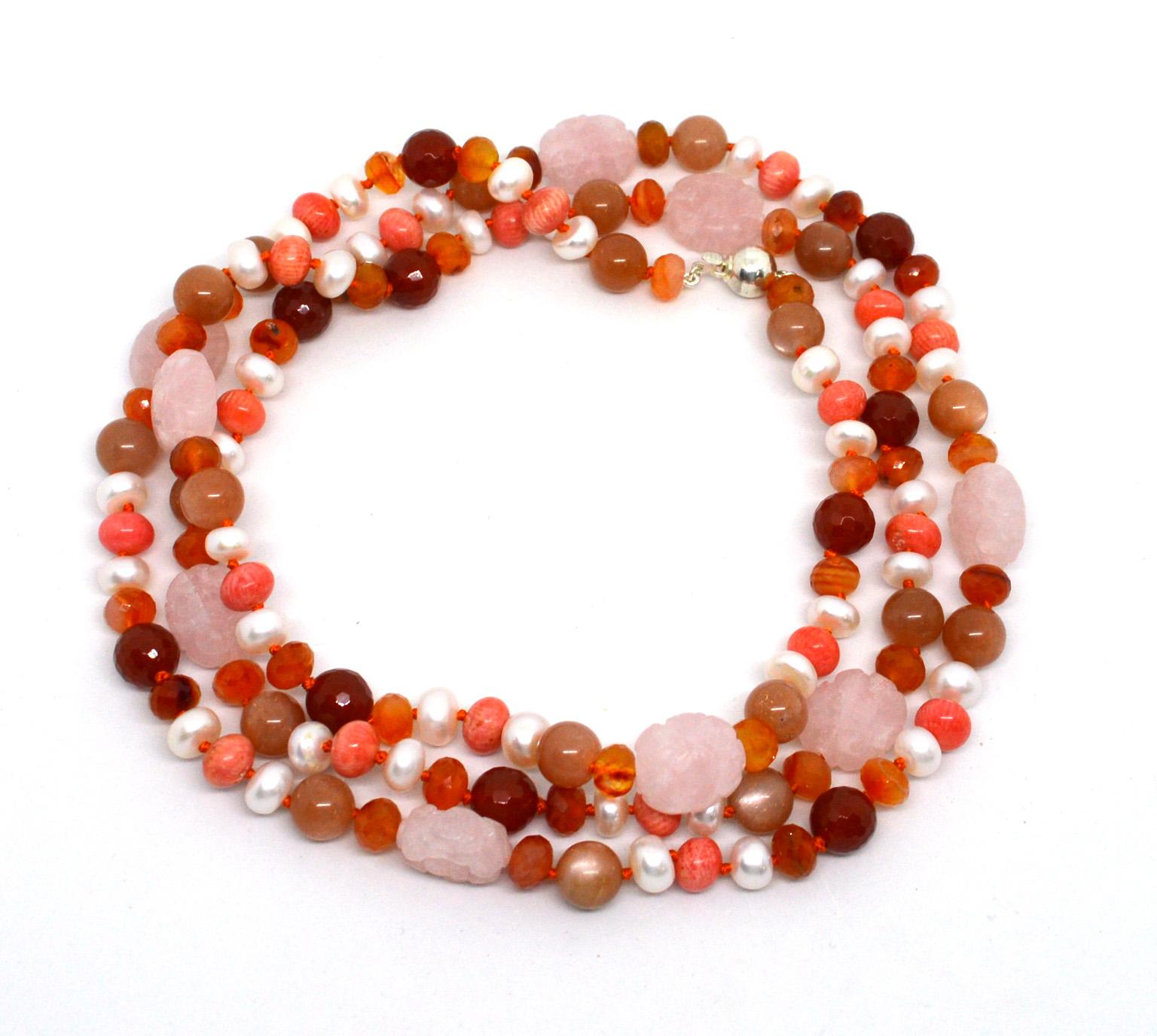 Modern Decadent Jewels Carnelian Pink Moonstone Pearl Rose Quartz Silver Necklace For Sale