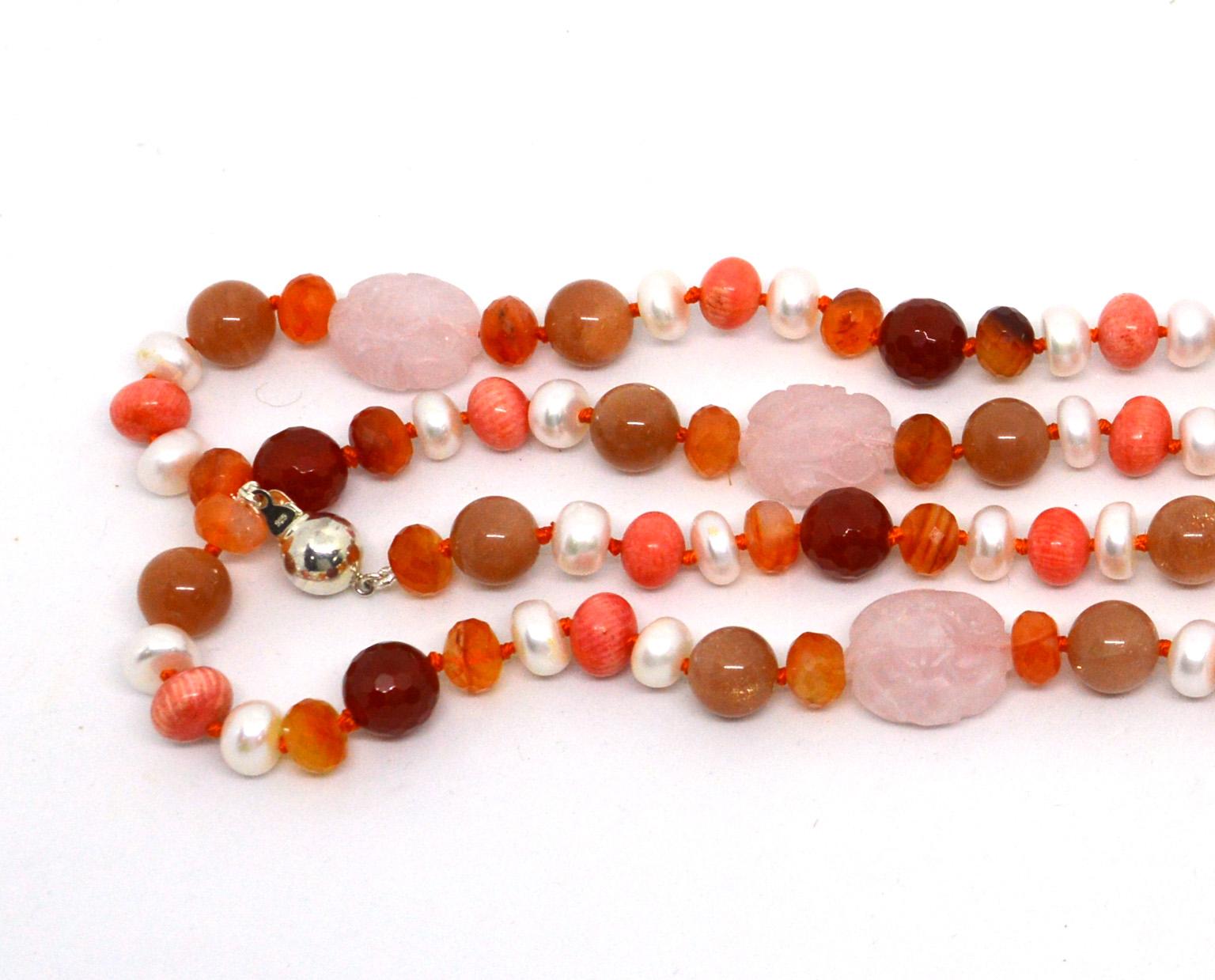 Decadent Jewels Carnelian Pink Moonstone Pearl Rose Quartz Silver Necklace In New Condition For Sale In Sydney, AU