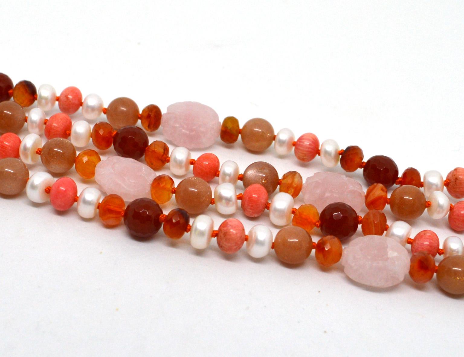 Women's Decadent Jewels Carnelian Pink Moonstone Pearl Rose Quartz Silver Necklace For Sale