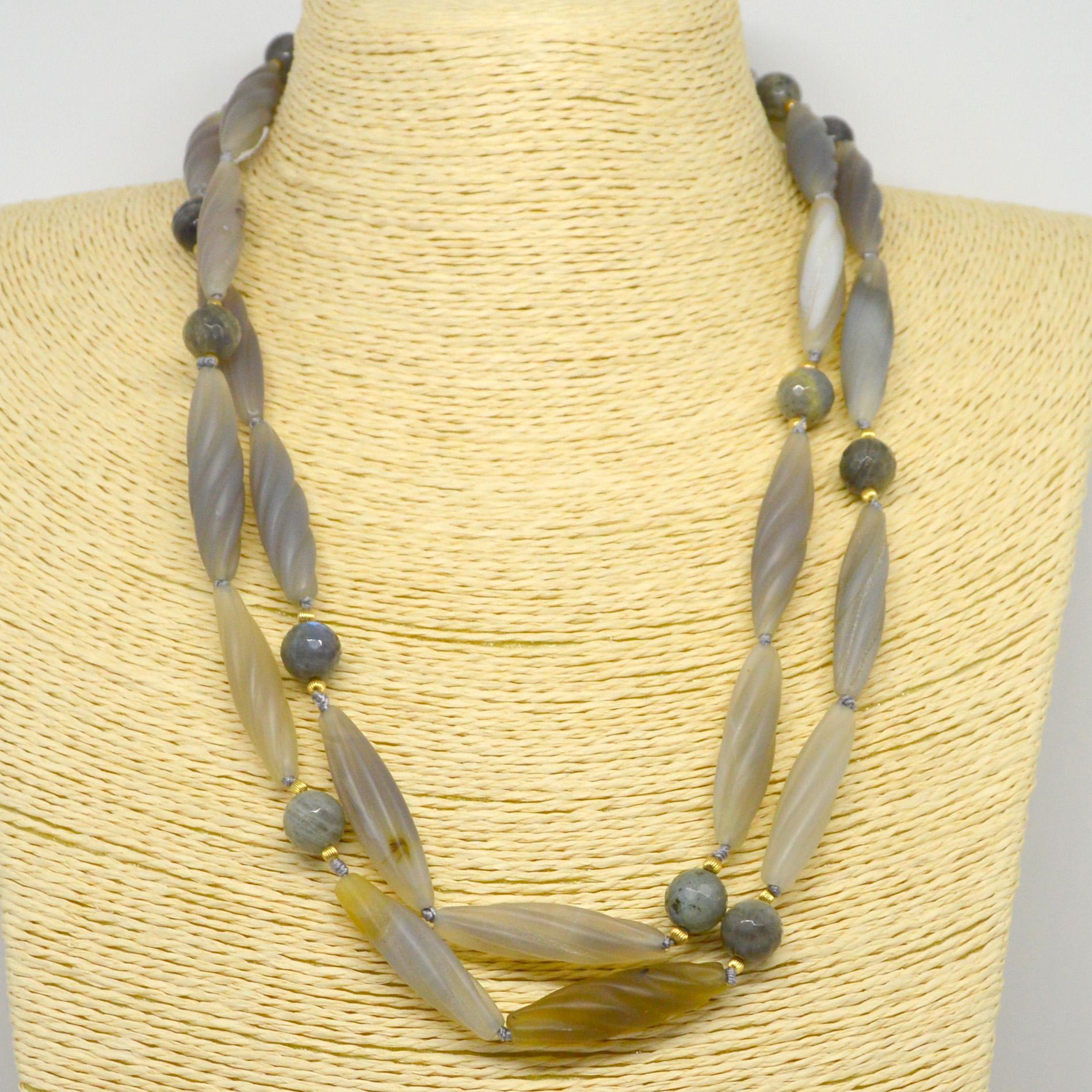 Carved grey Agate 38mm long and 10mm Faceted Labradorite beads with gold filled accent beads and Hook clasp, hand knotted for strength and durability.

Finished necklace measures 116cm.