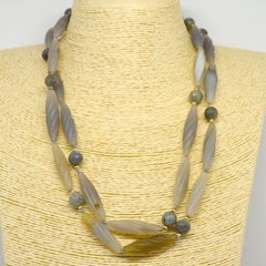 Decadent Jewels Carved Grey Agate Labradorite Gold Filled long Necklace