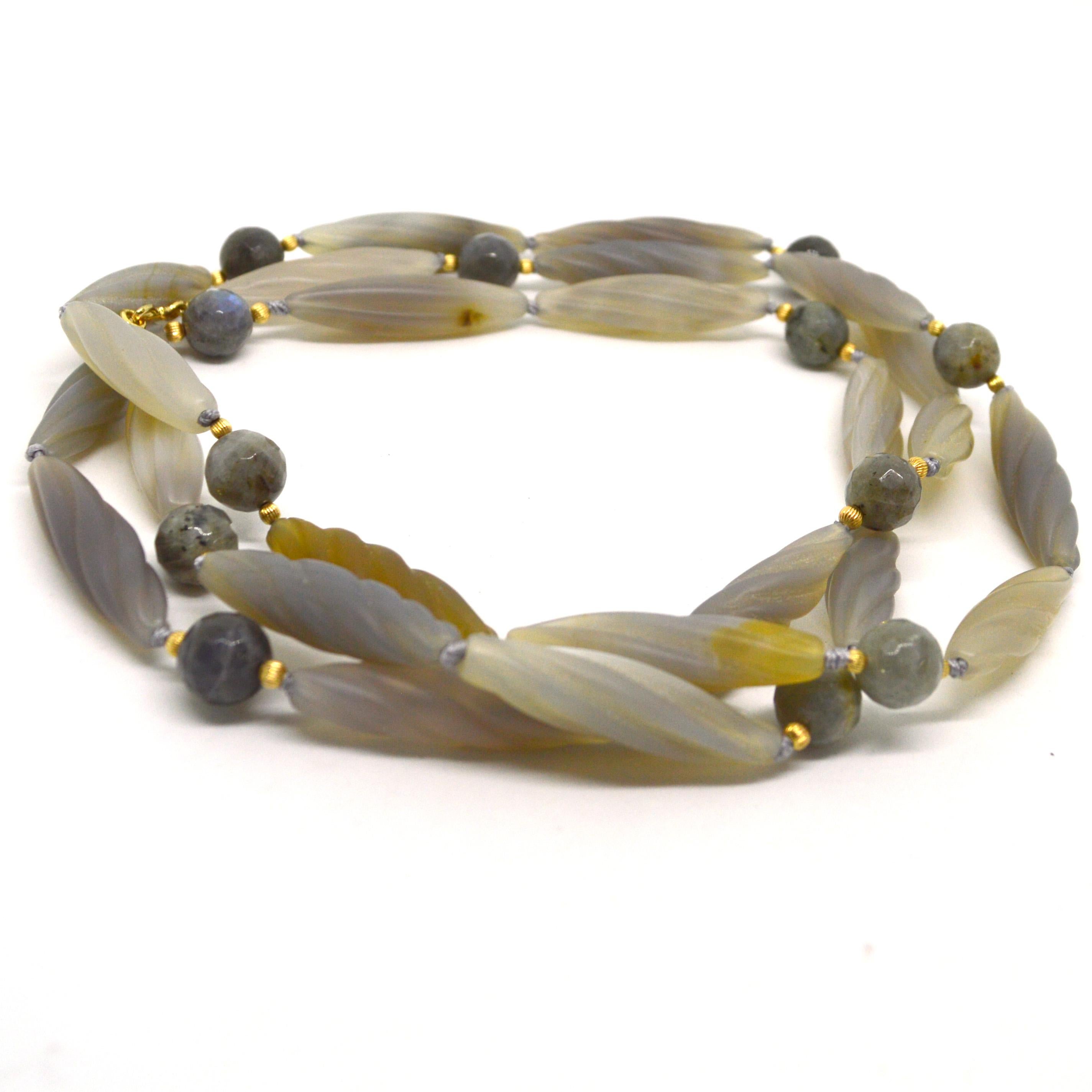 Artisan Decadent Jewels Carved Grey Agate Labradorite Gold Filled long Necklace For Sale