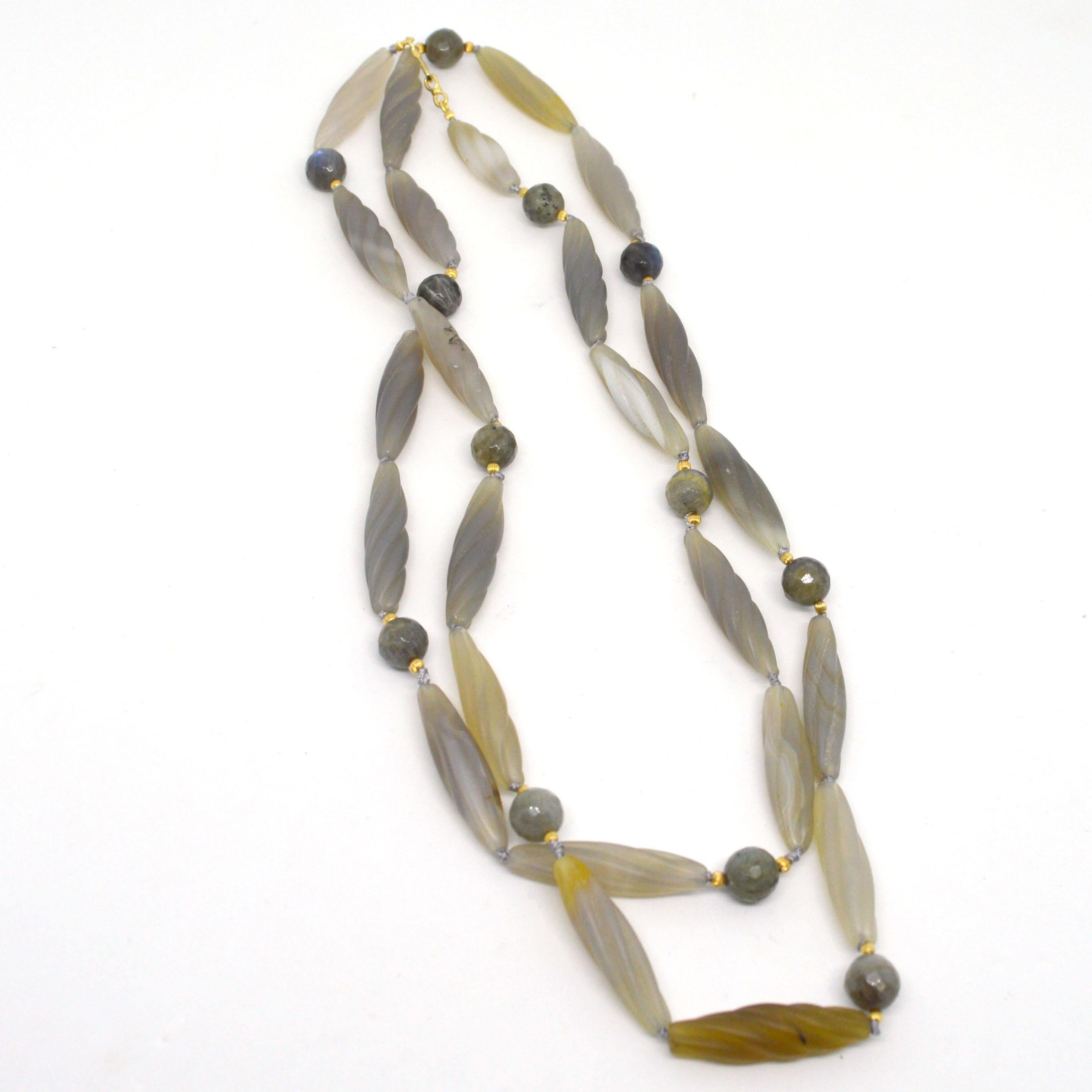 Decadent Jewels Carved Grey Agate Labradorite Gold Filled long Necklace For Sale 1