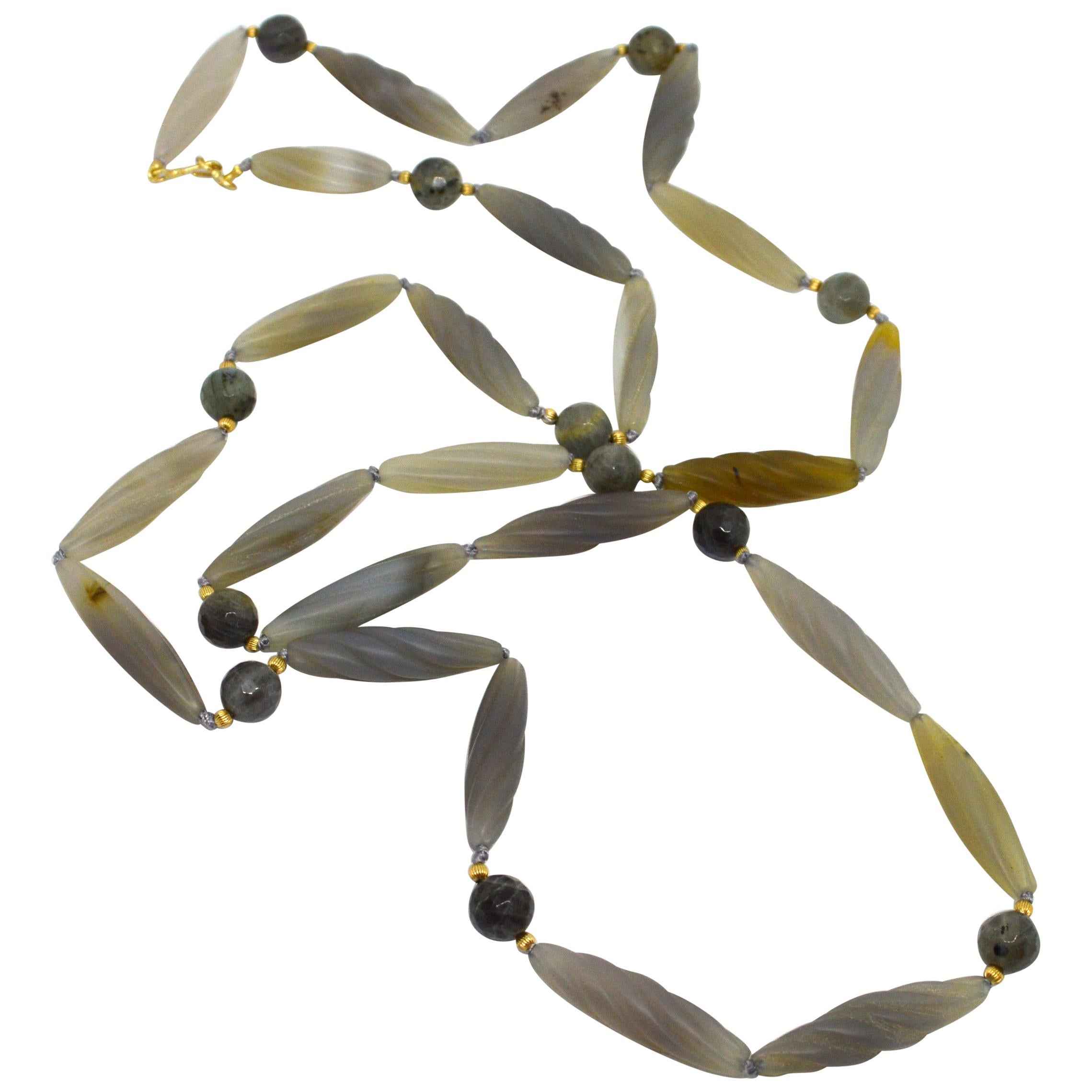 Decadent Jewels Carved Grey Agate Labradorite Gold Filled long Necklace