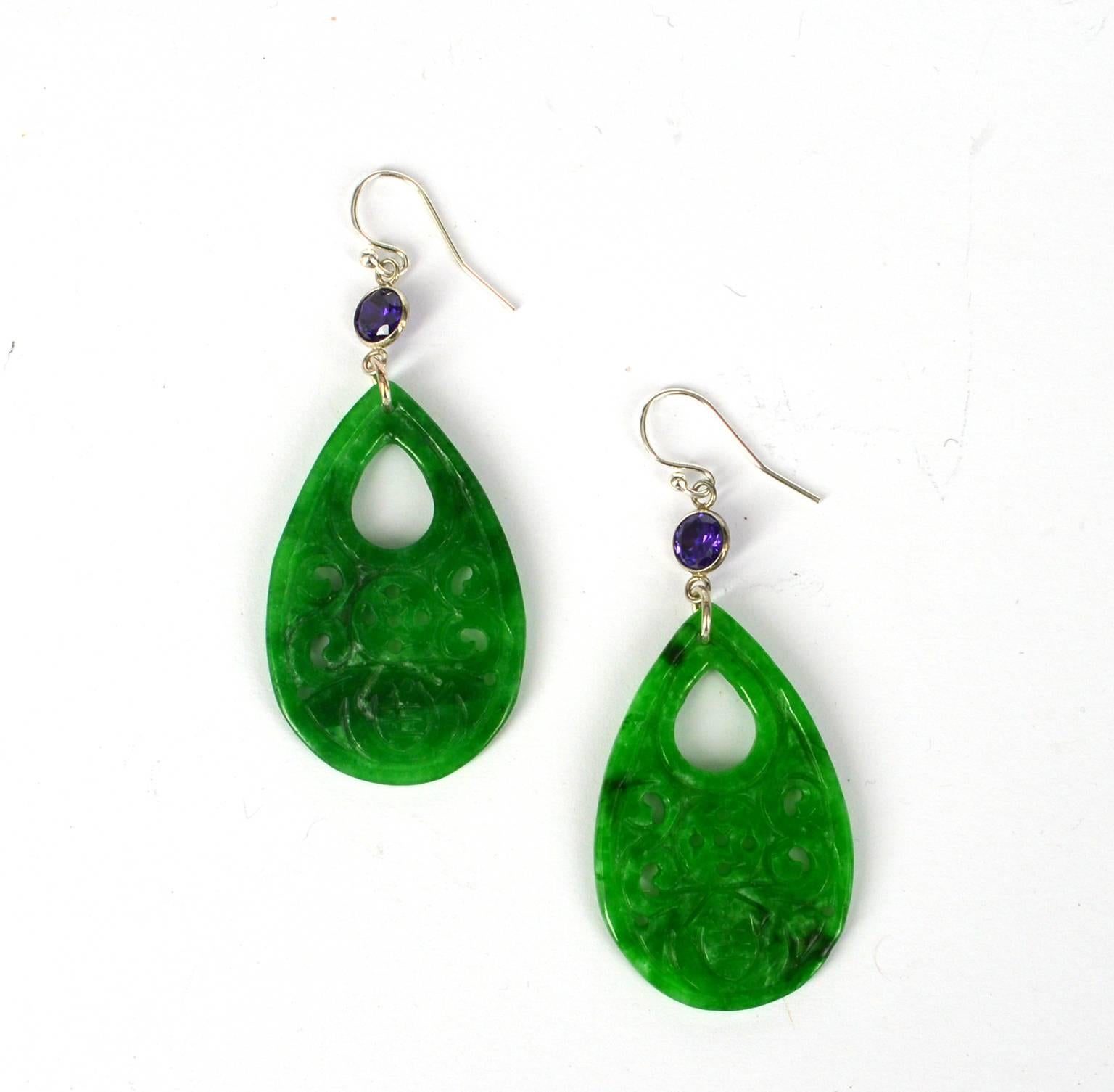 Decadent Jewels Carved Jade Amethyst Sterling Silver Earrings In New Condition In Sydney, AU