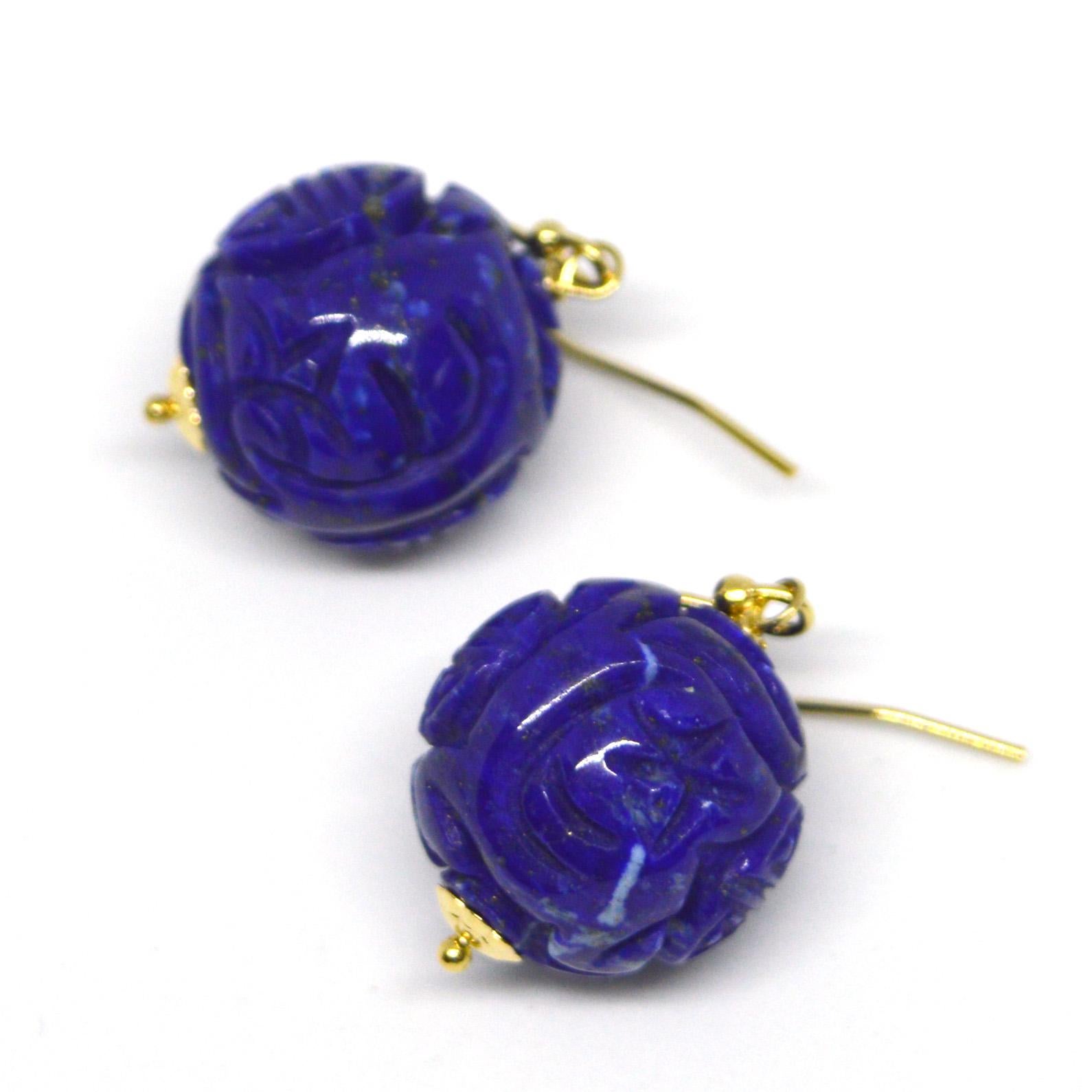 High Quality large natural 18mm carved Lapis Lazuli with a 14k Gold Filled Headpin, cap and Sheppard.

Total Earring length 33mm.