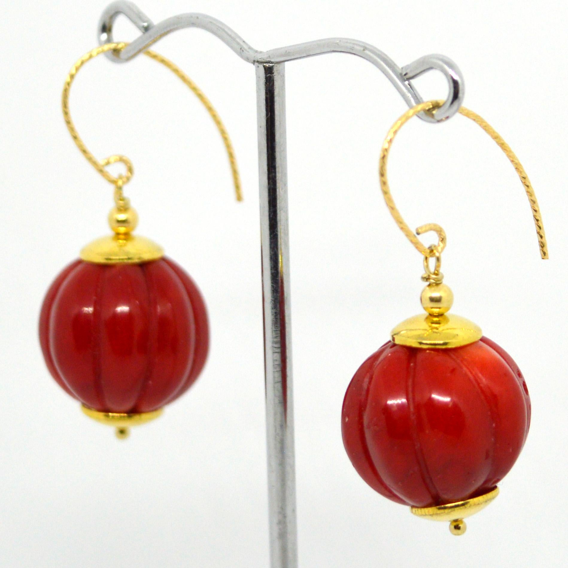 Modern Decadent Jewels Carved Red Sea Bamboo Gold Earrings