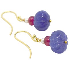 Decadent Jewels Carved Tanzanite Burmese Ruby Pearl 9 Karat Gold Earrings