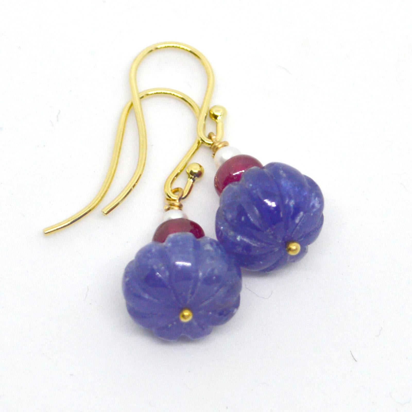 Decadent Jewels Carved Tanzanite Burmese Ruby Pearl 9 Karat Gold Earrings In New Condition In Sydney, AU