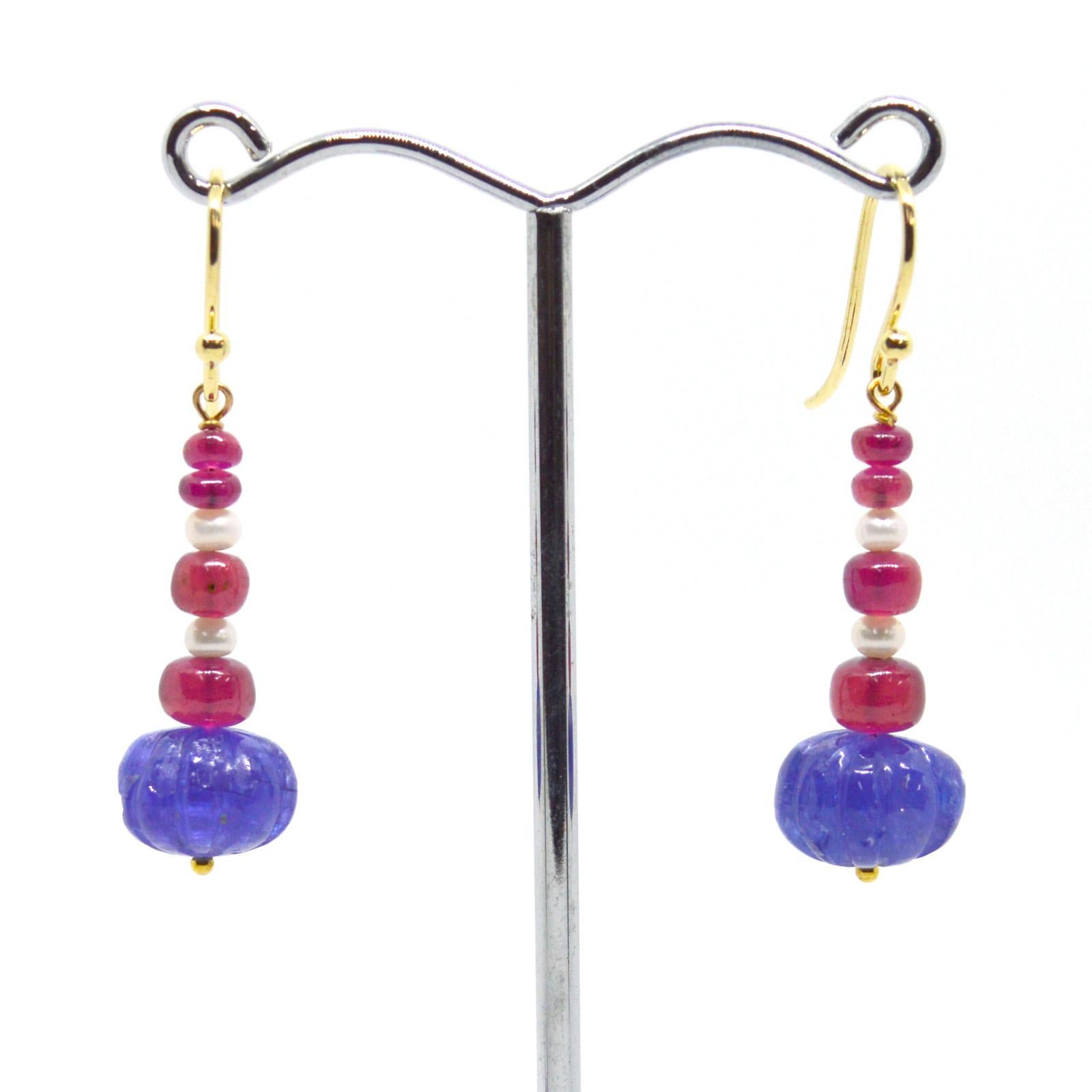 Women's or Men's Decadent Jewels Carved Tanzanite Burmese Ruby Pearl 9 Karat Gold Earrings