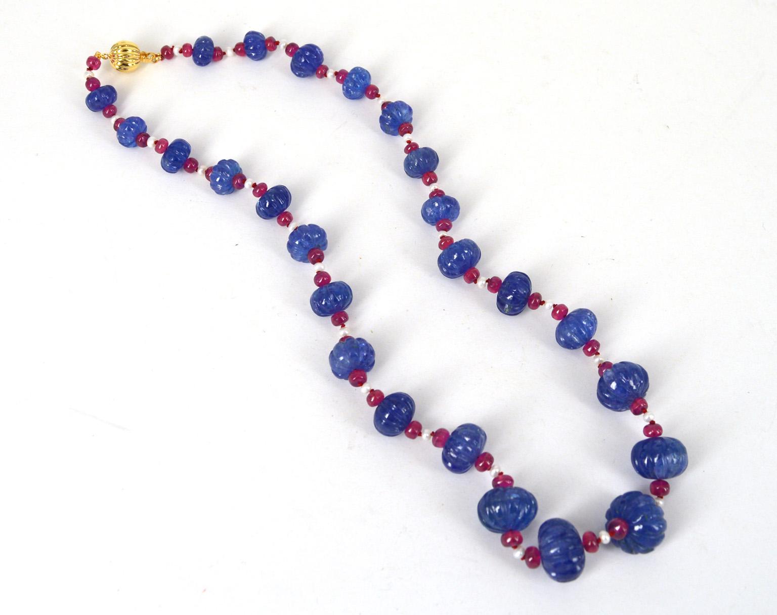 Art Nouveau Decadent Jewels Carved Tanzanite Ruby Pearl Gold Necklace For Sale