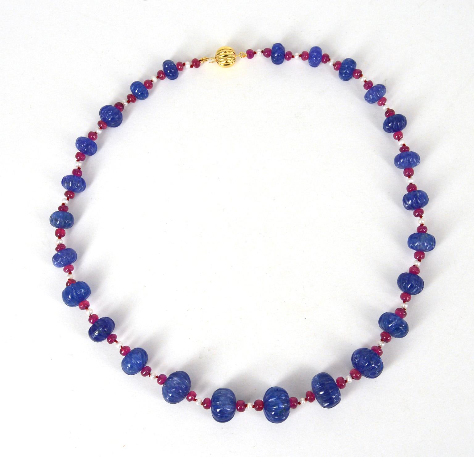 Bead Decadent Jewels Carved Tanzanite Ruby Pearl Gold Necklace For Sale