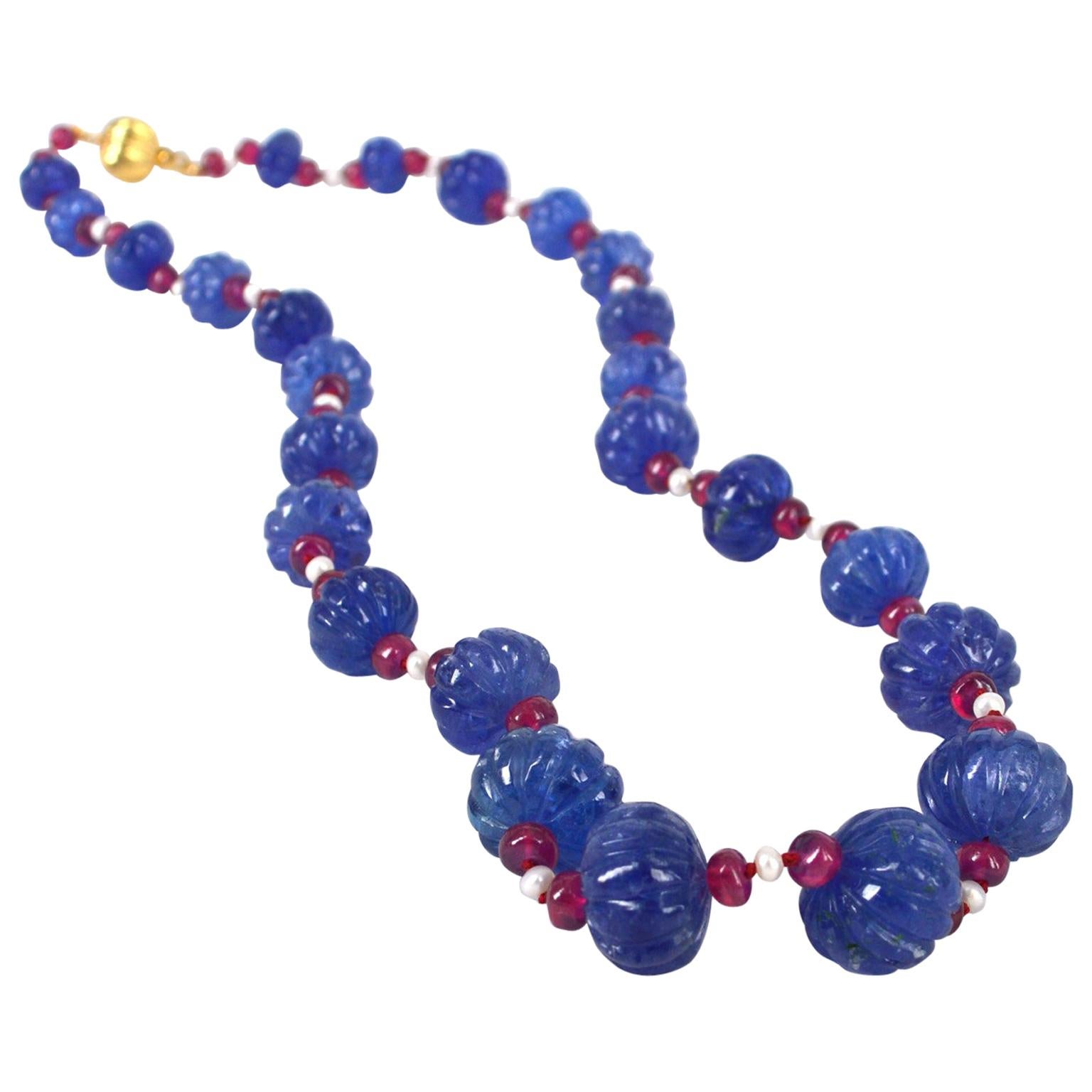 Decadent Jewels Carved Tanzanite Ruby Pearl Gold Necklace For Sale
