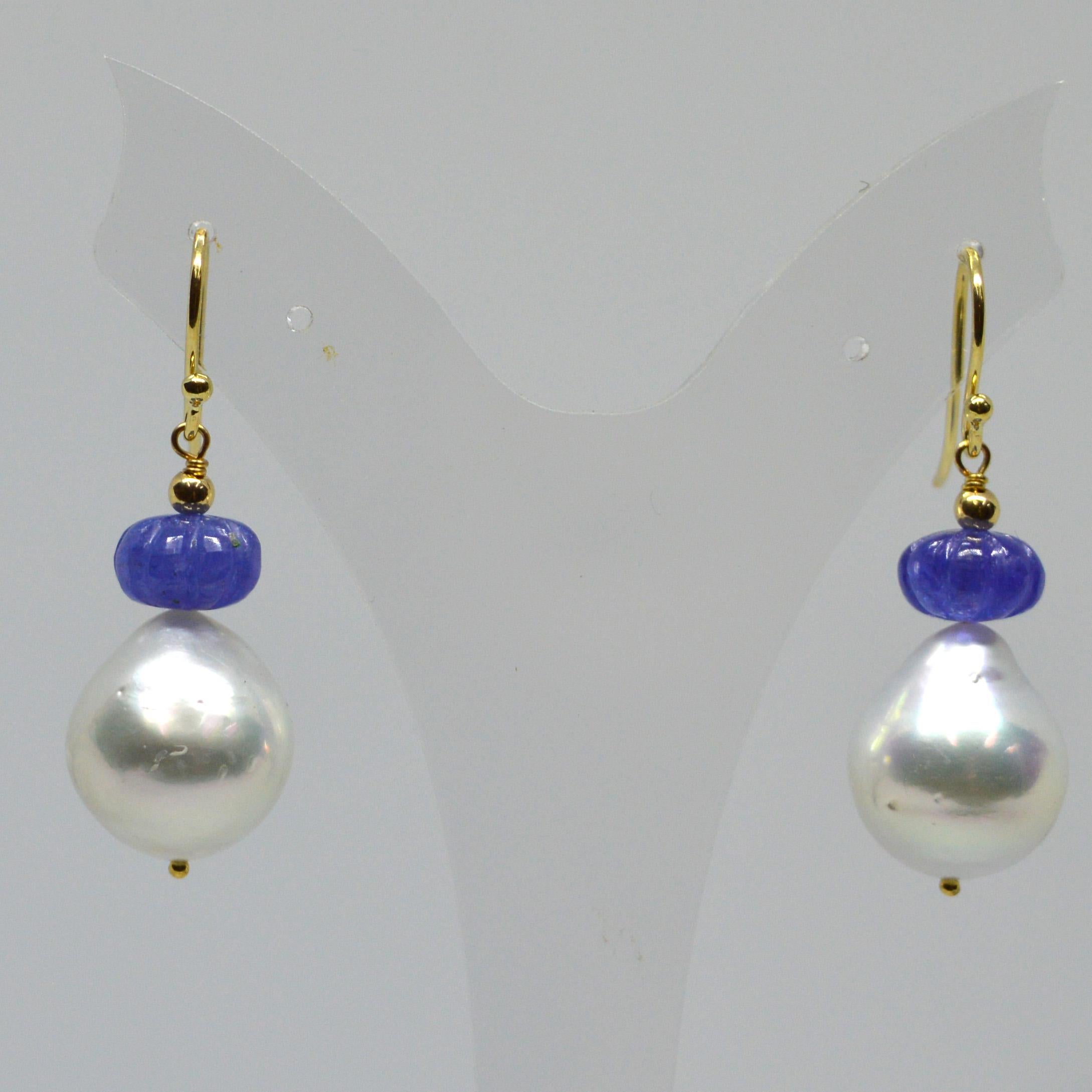 Decadent Jewels Carved Tanzanite South Sea Pearl 9k &14k Gold Earrings In New Condition In Sydney, AU