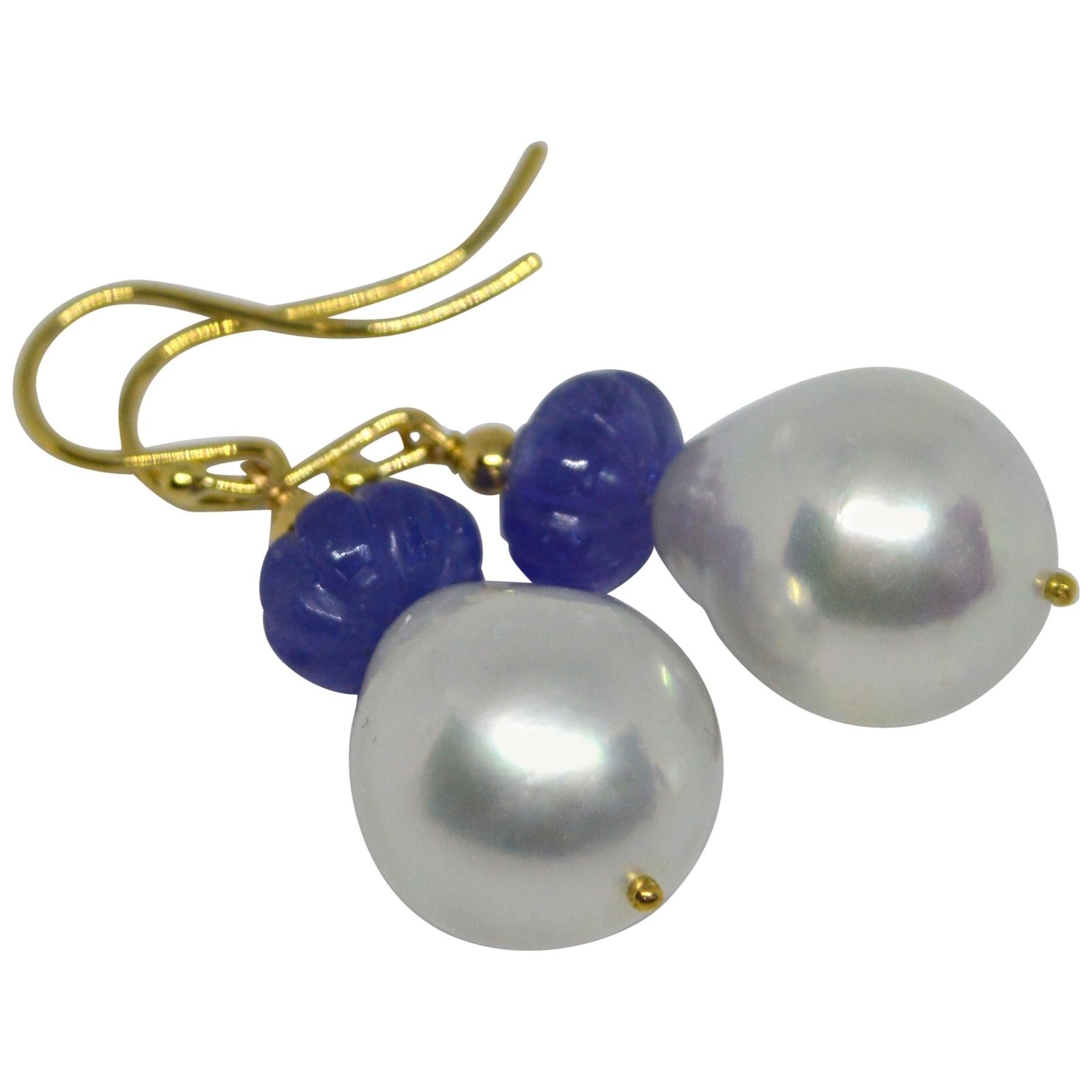 Decadent Jewels Carved Tanzanite South Sea Pearl 9k &14k Gold Earrings